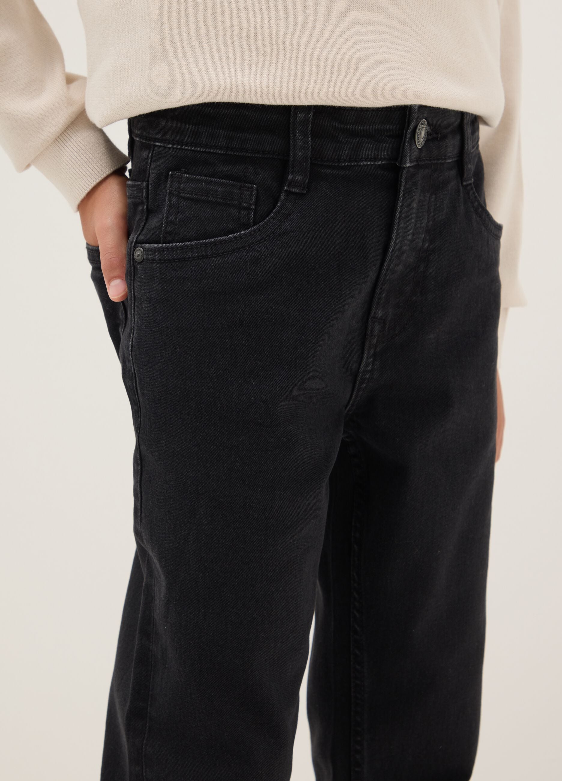 Black cotton blend regular fit jeans for boys