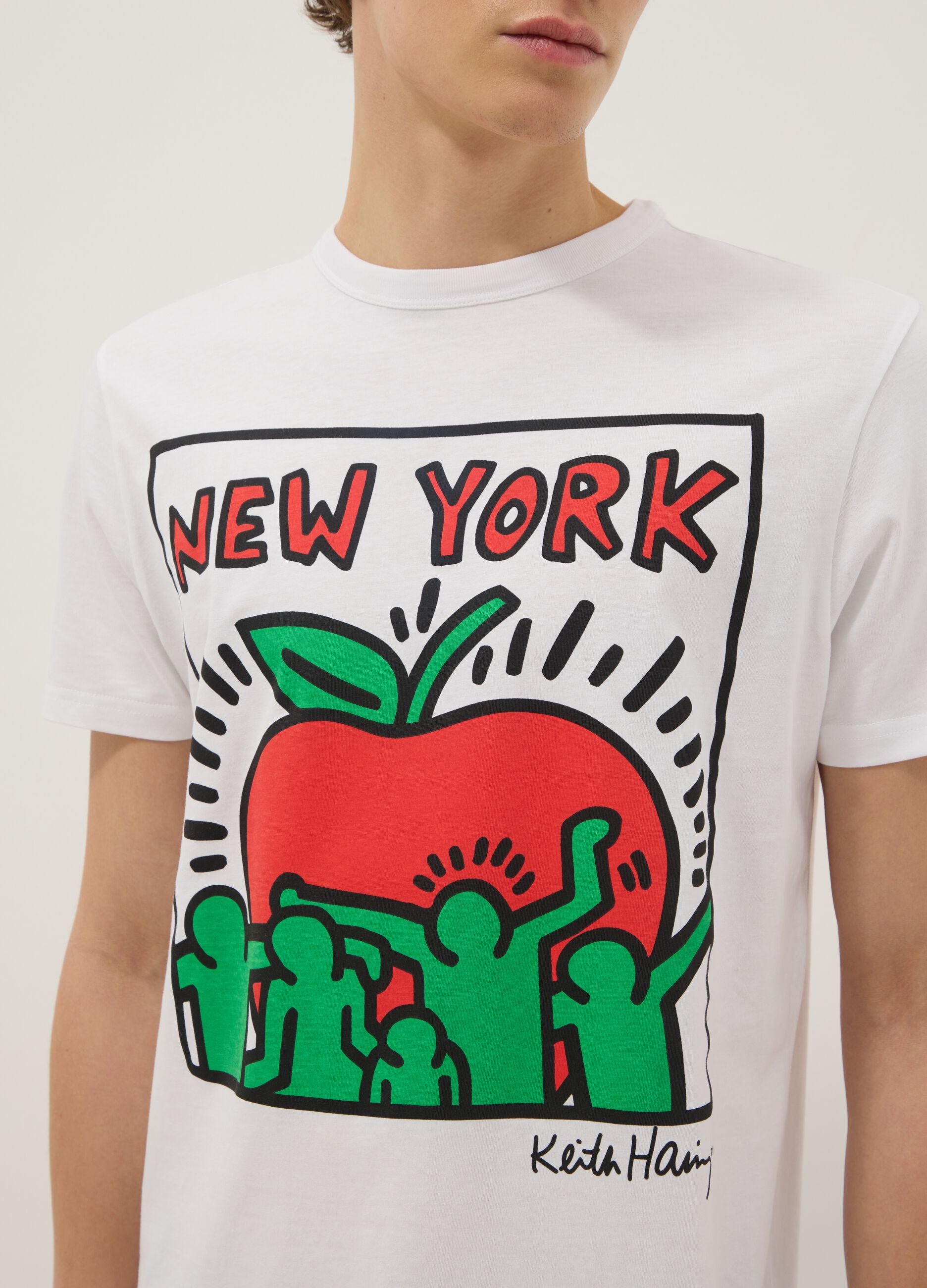 White pure cotton regular fit T-shirt with Keith Haring print