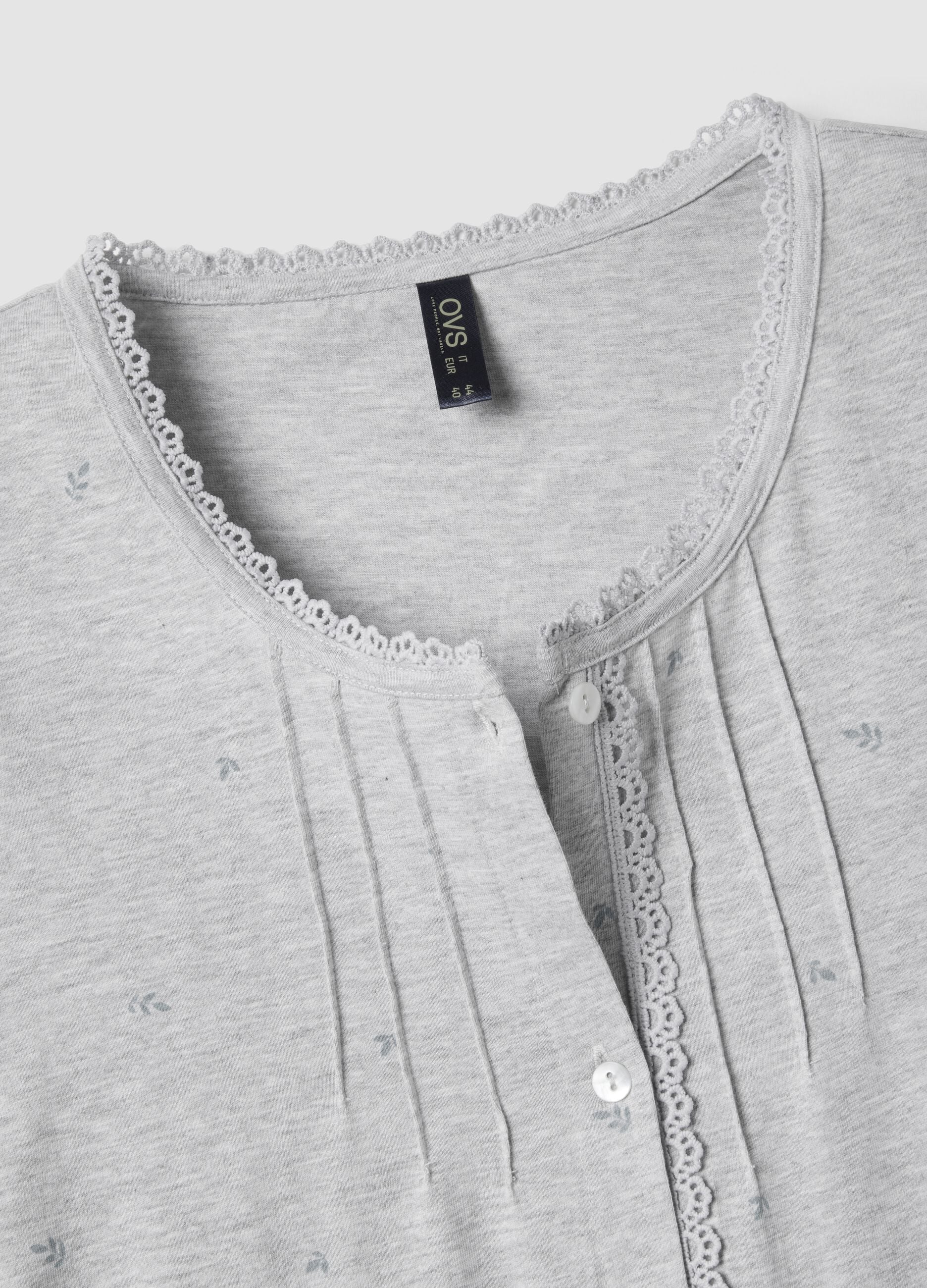 Grey organic cotton blend nightdress with buttons and embroidery