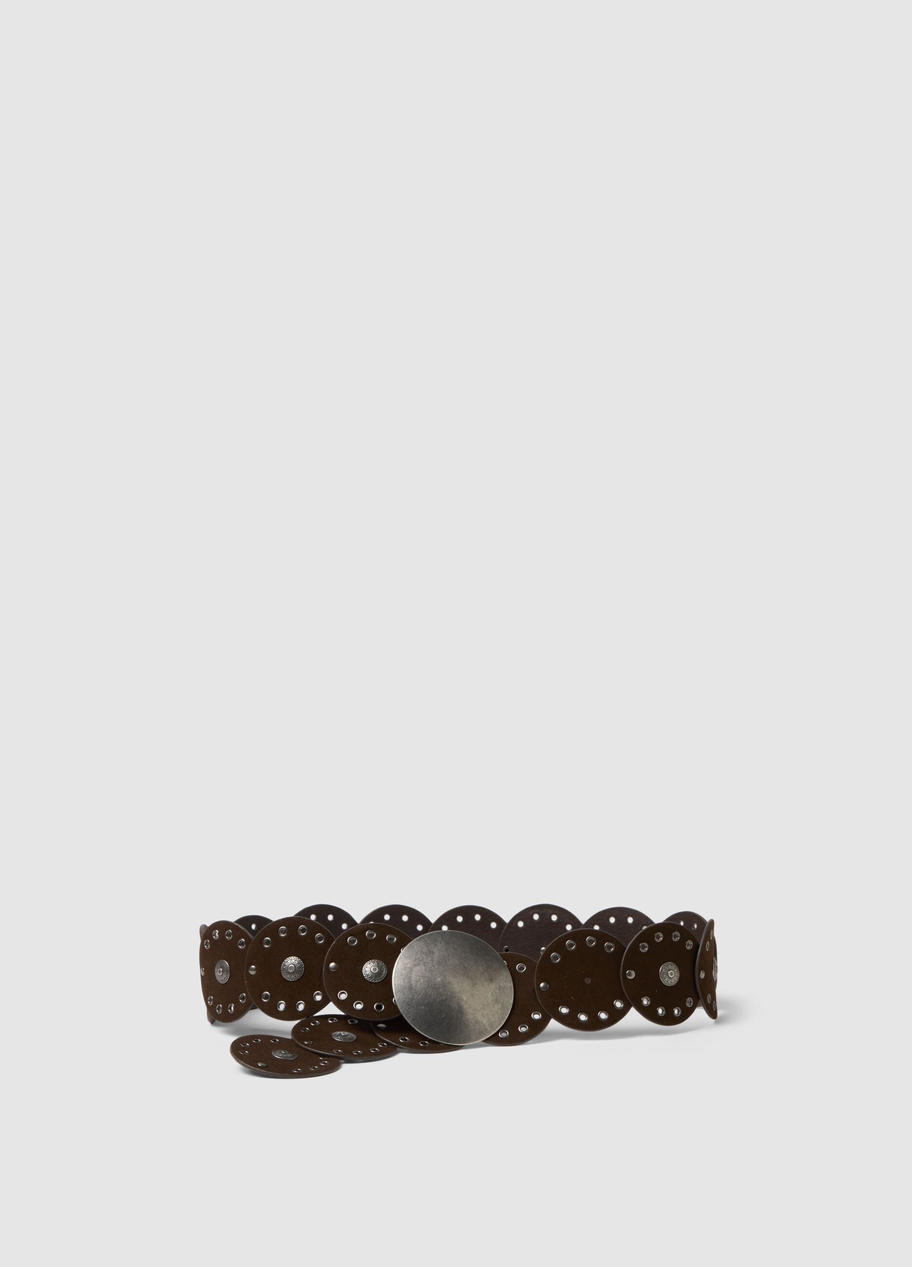 Brown genuine leather belt with metallic accents