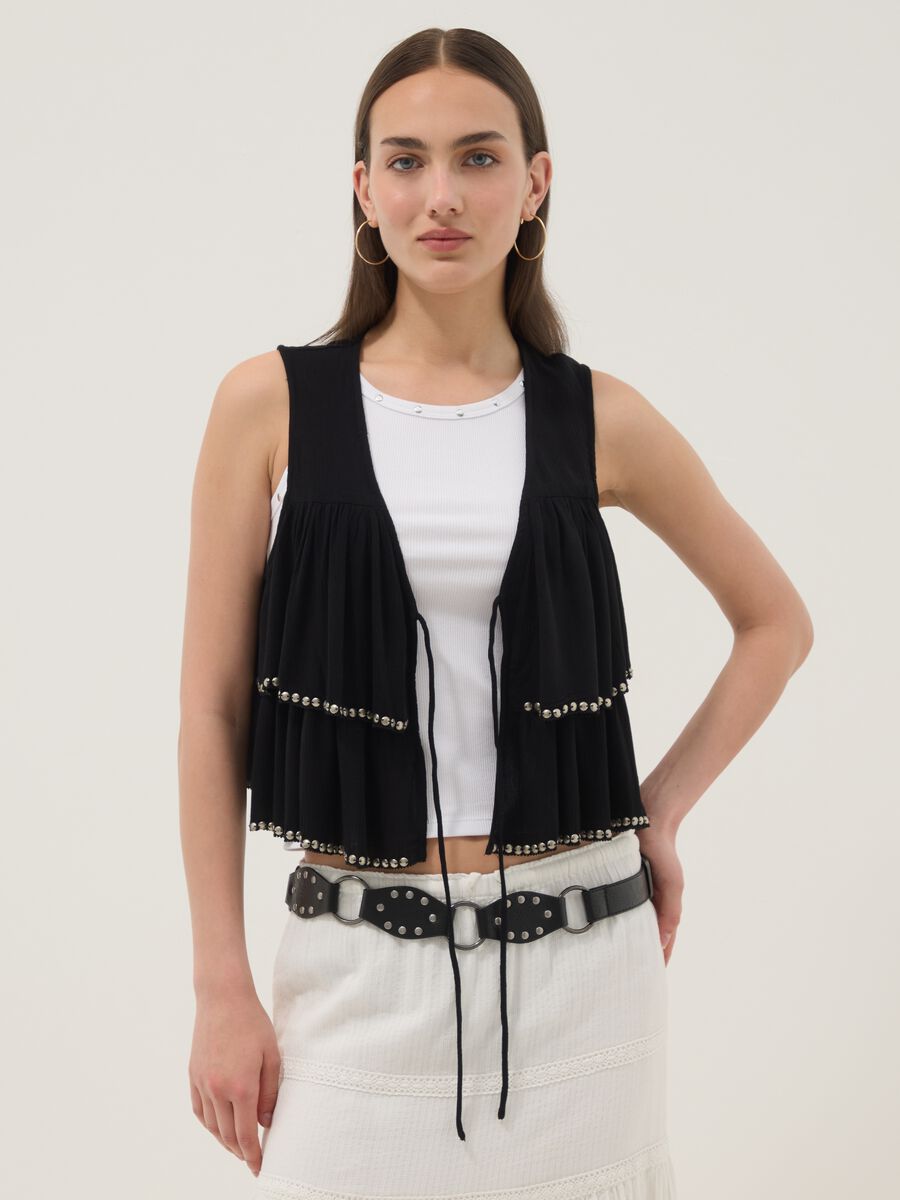 Black pure viscose gilet with ruffles_0