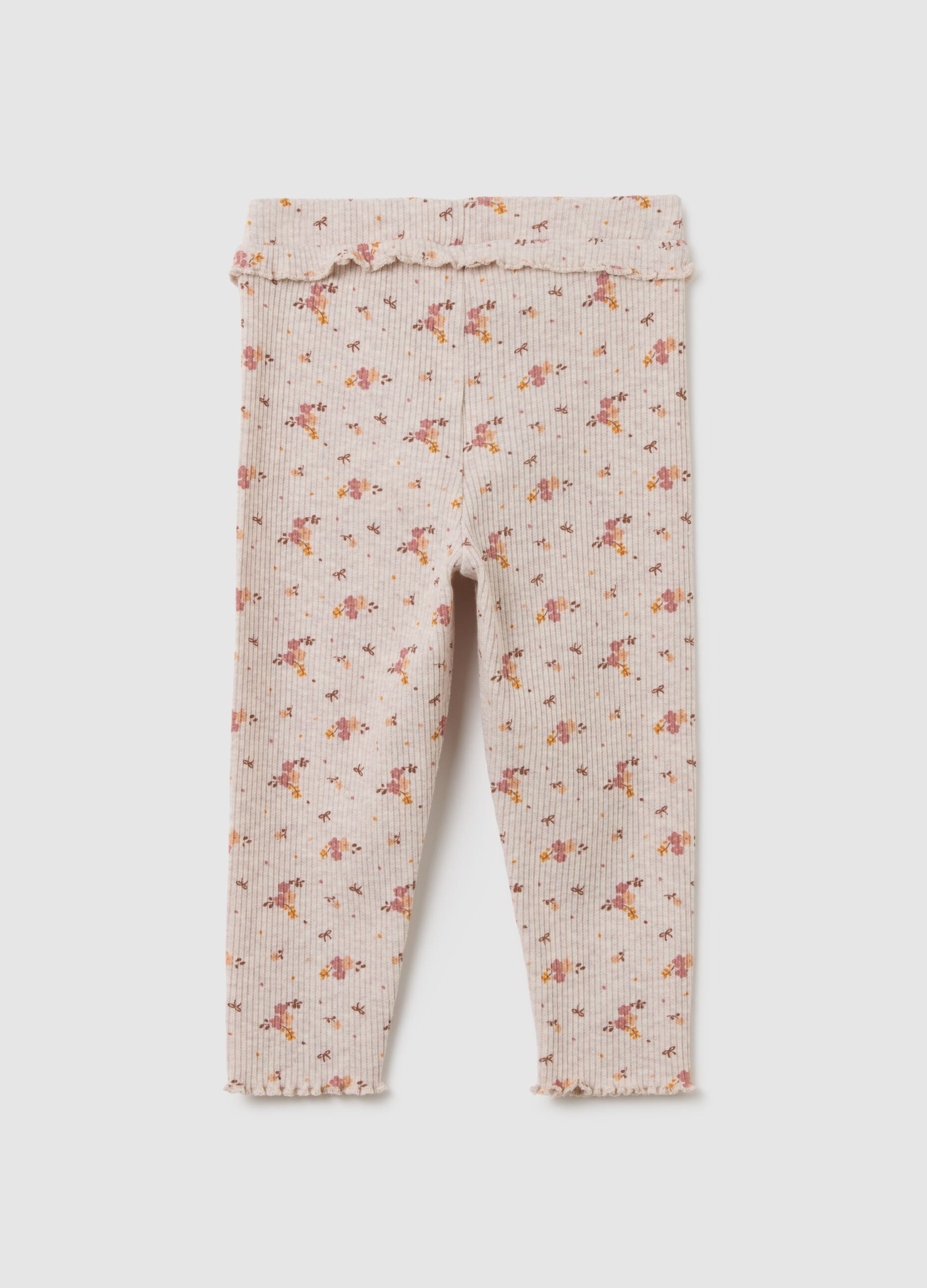 Beige Cotton Blend Floral Girl's Leggings