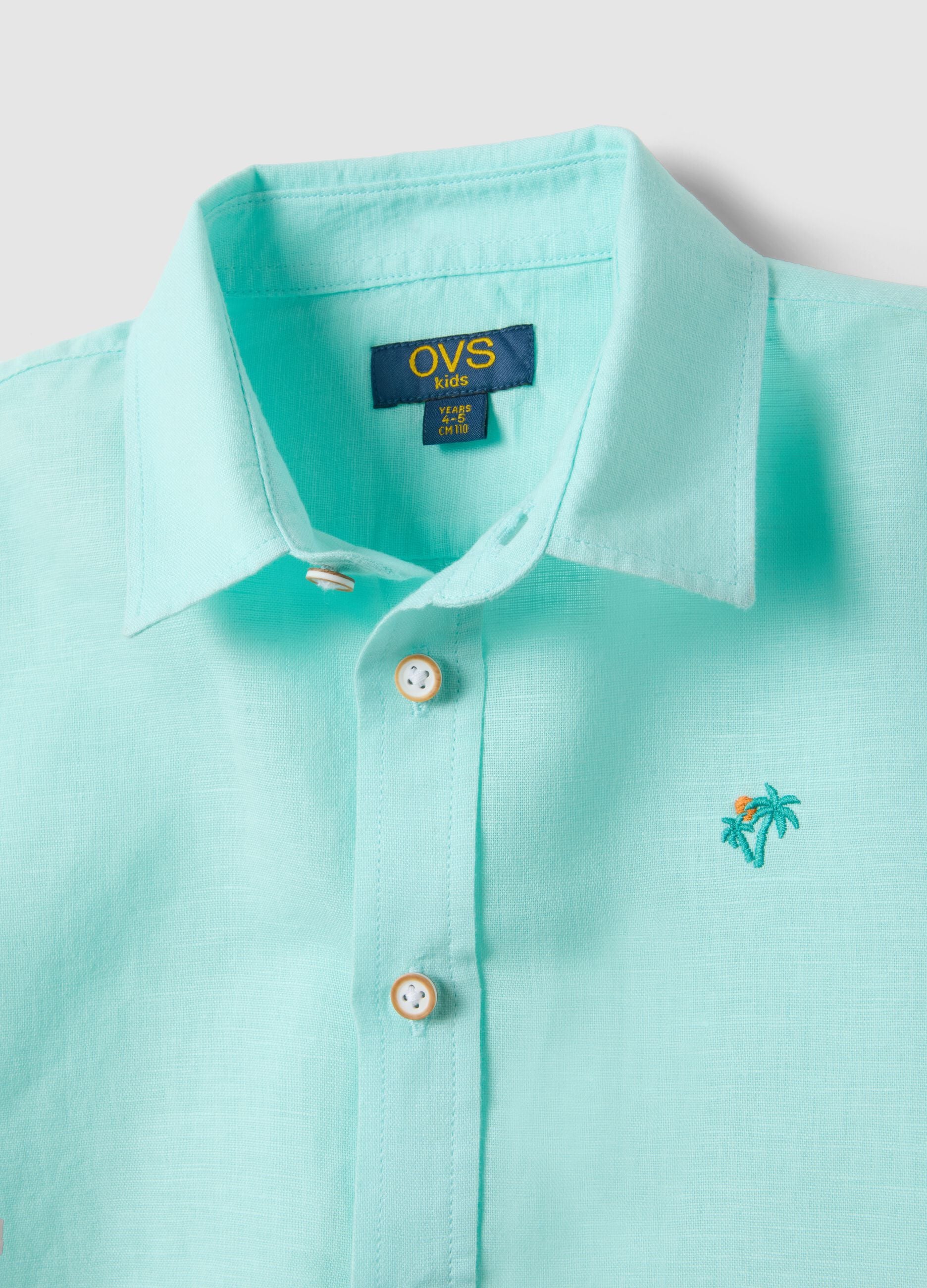 Regular fit blue linen blend boys' shirt with embroidery