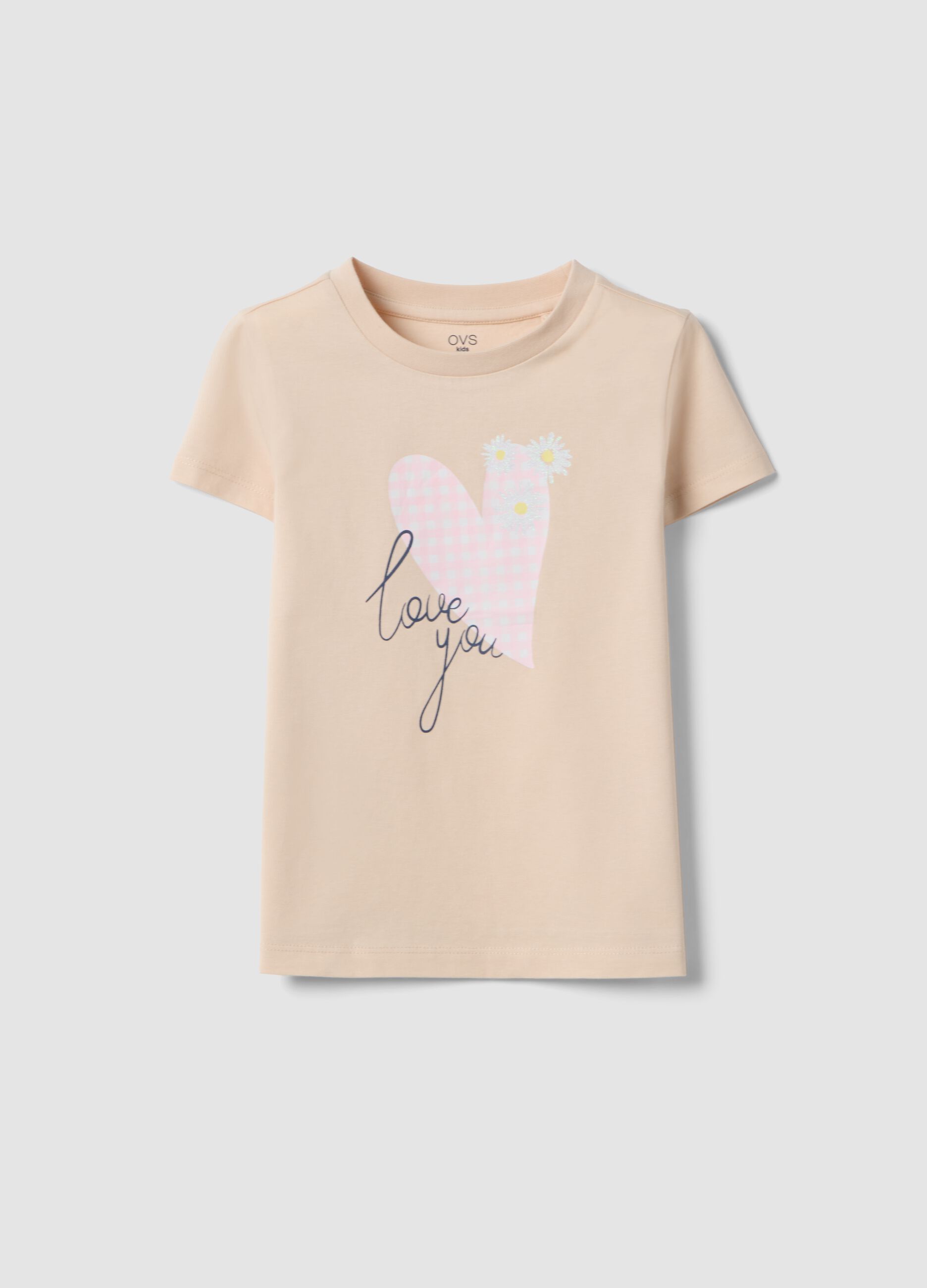 Beige pure cotton regular fit T-shirt with print for girls