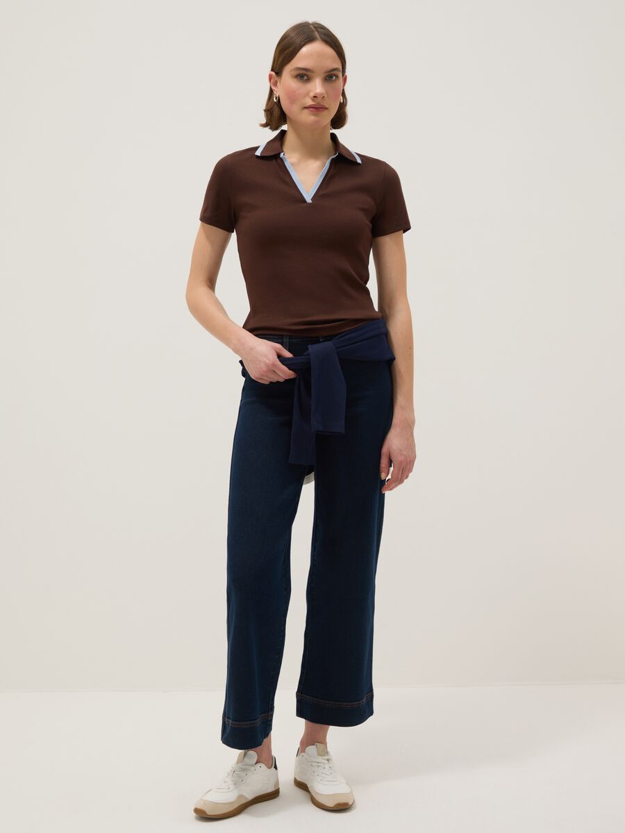 Brown stretch cotton regular fit polo with contrasting collar_1