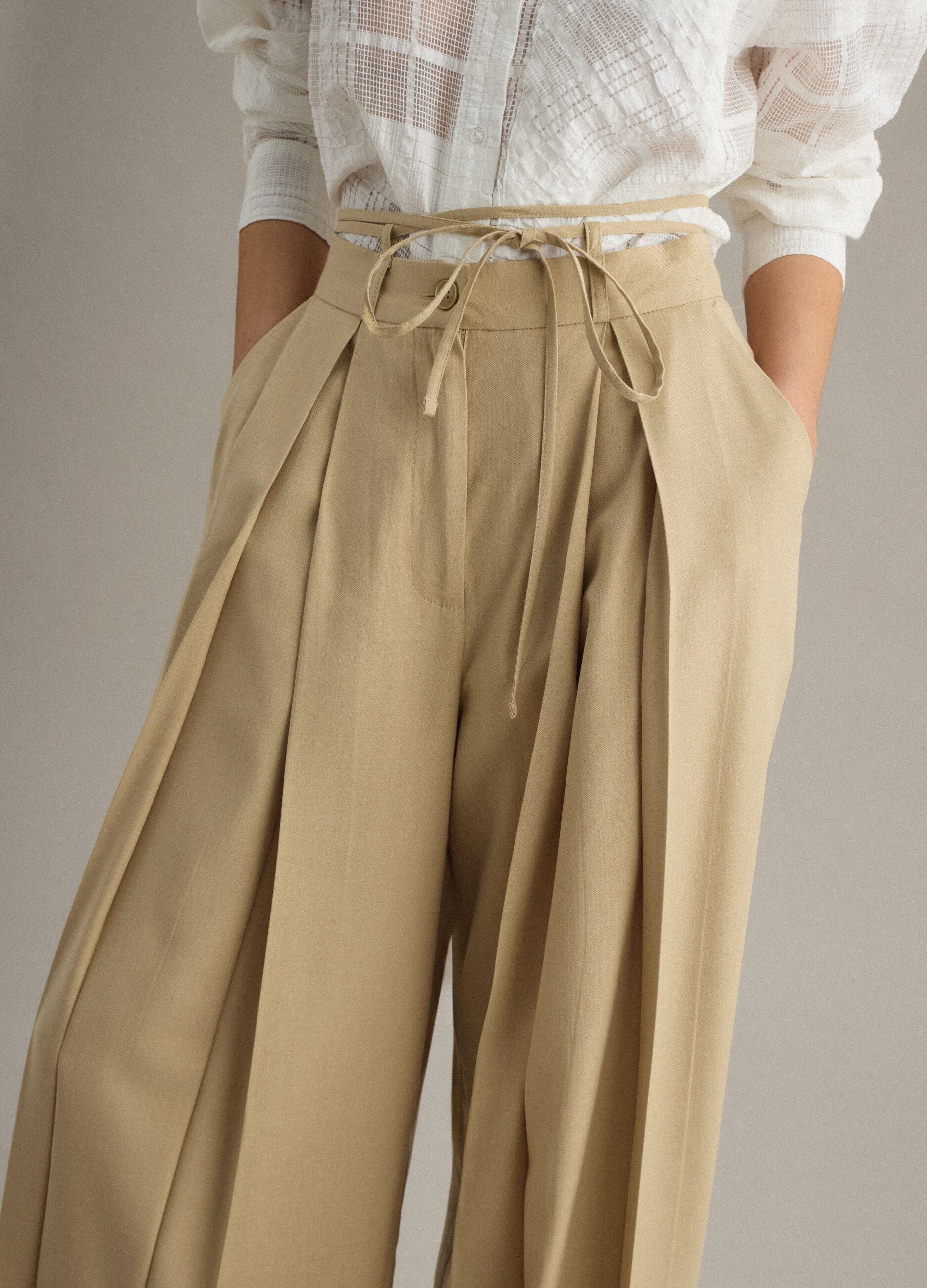 Beige viscose blend flare trousers