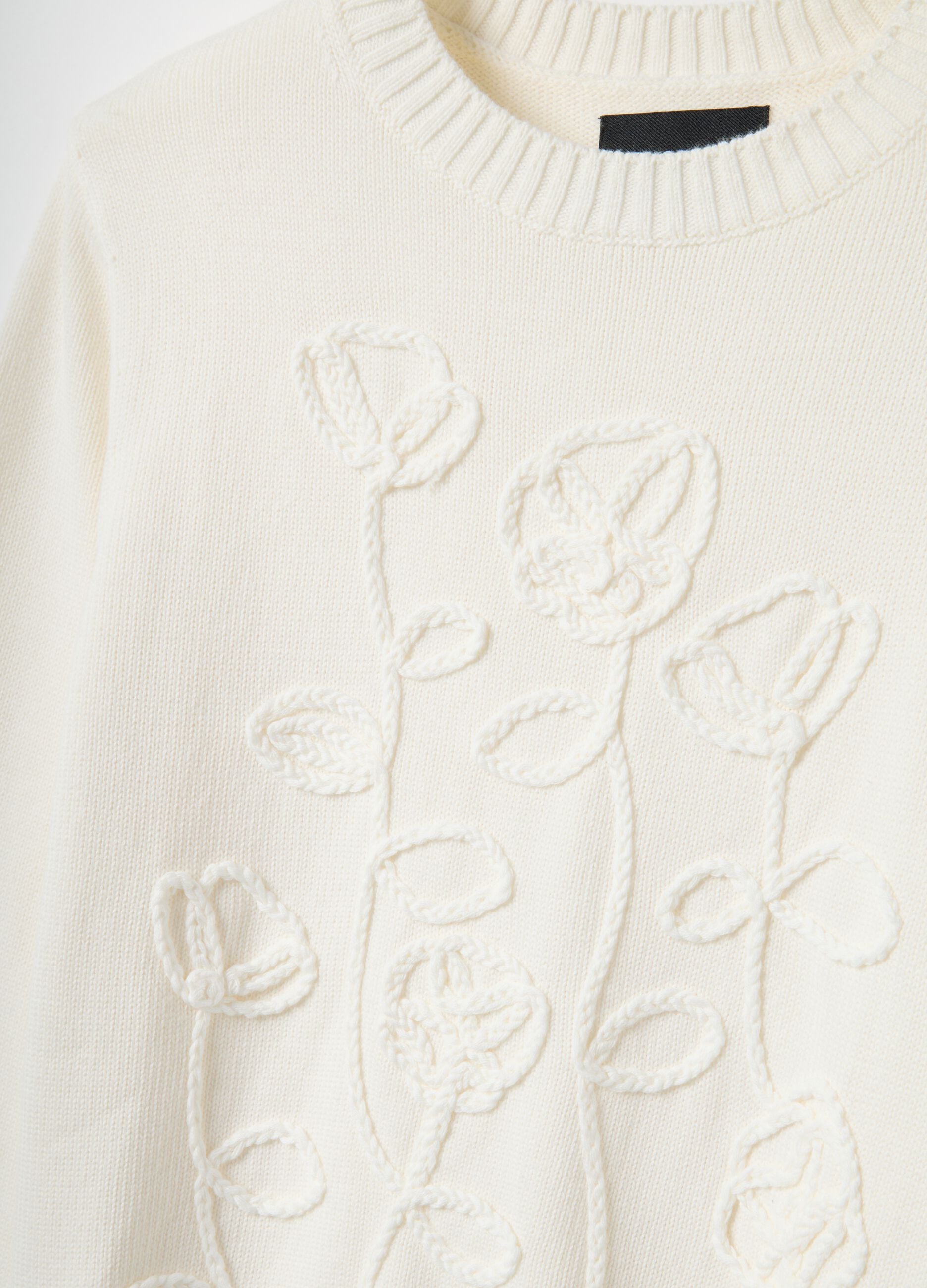 White pure cotton sweater with floral design regular fit