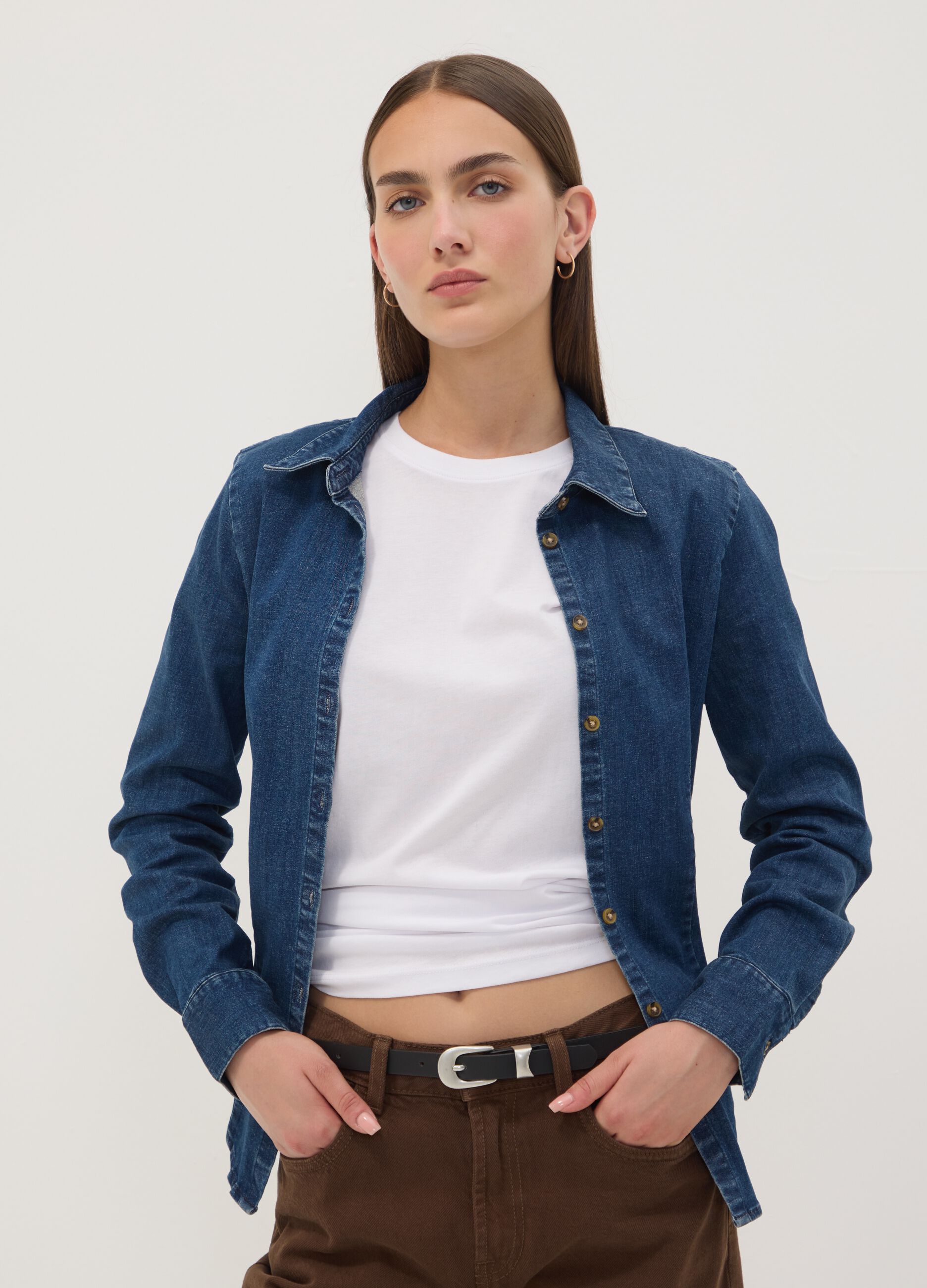 Blue slim-fit stretch cotton denim shirt