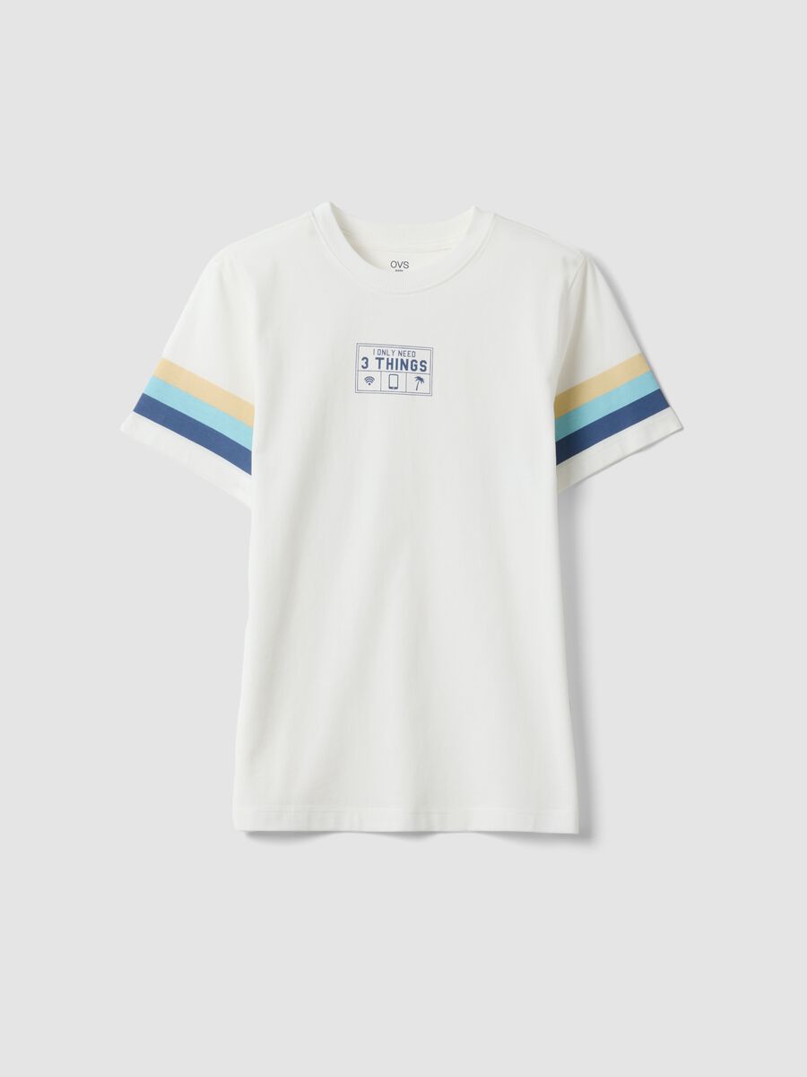 Boys&rsquo; white pure cotton T-shirt with striped sleeves_3