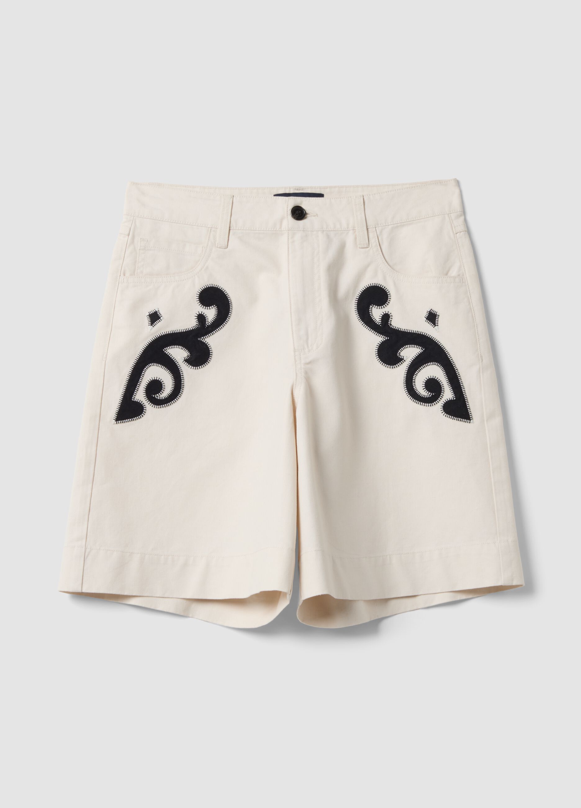 White linen-lyocell blend shorts with contrasting embroidery, regular fit