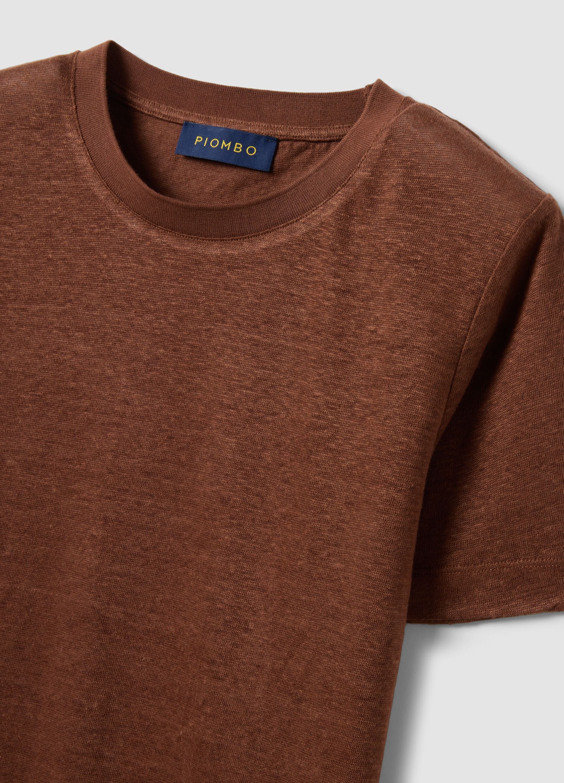 Brown pure linen short-sleeve regular-fit T-shirt