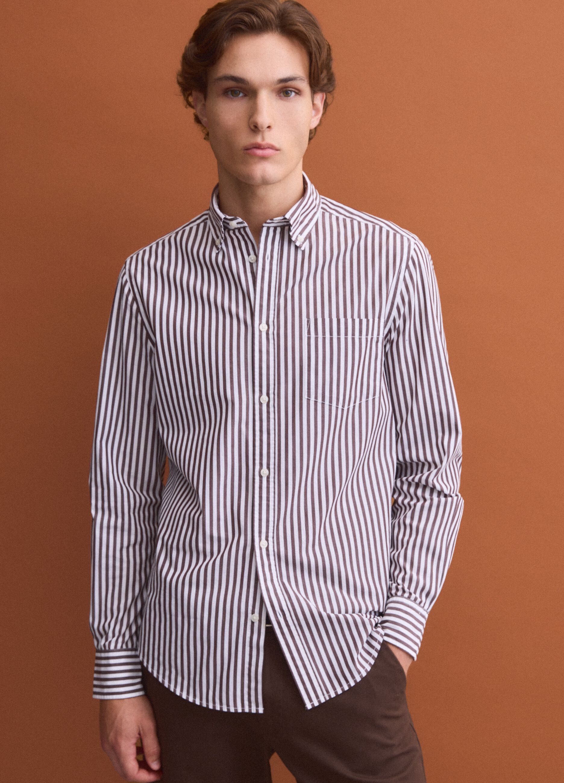 White pure cotton poplin striped shirt, regular fit