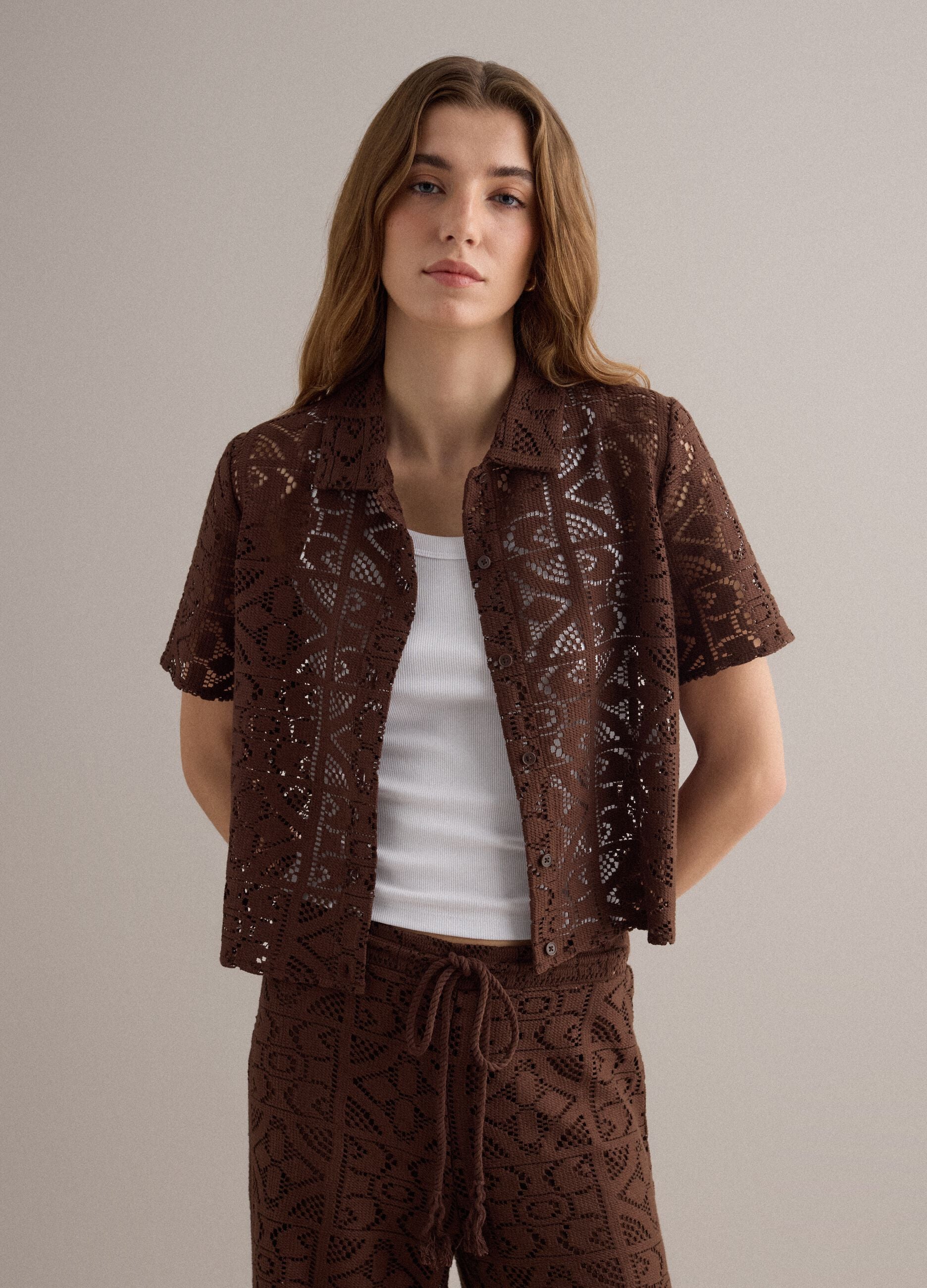 Brown open-knit short-sleeve polo shirt, regular fit