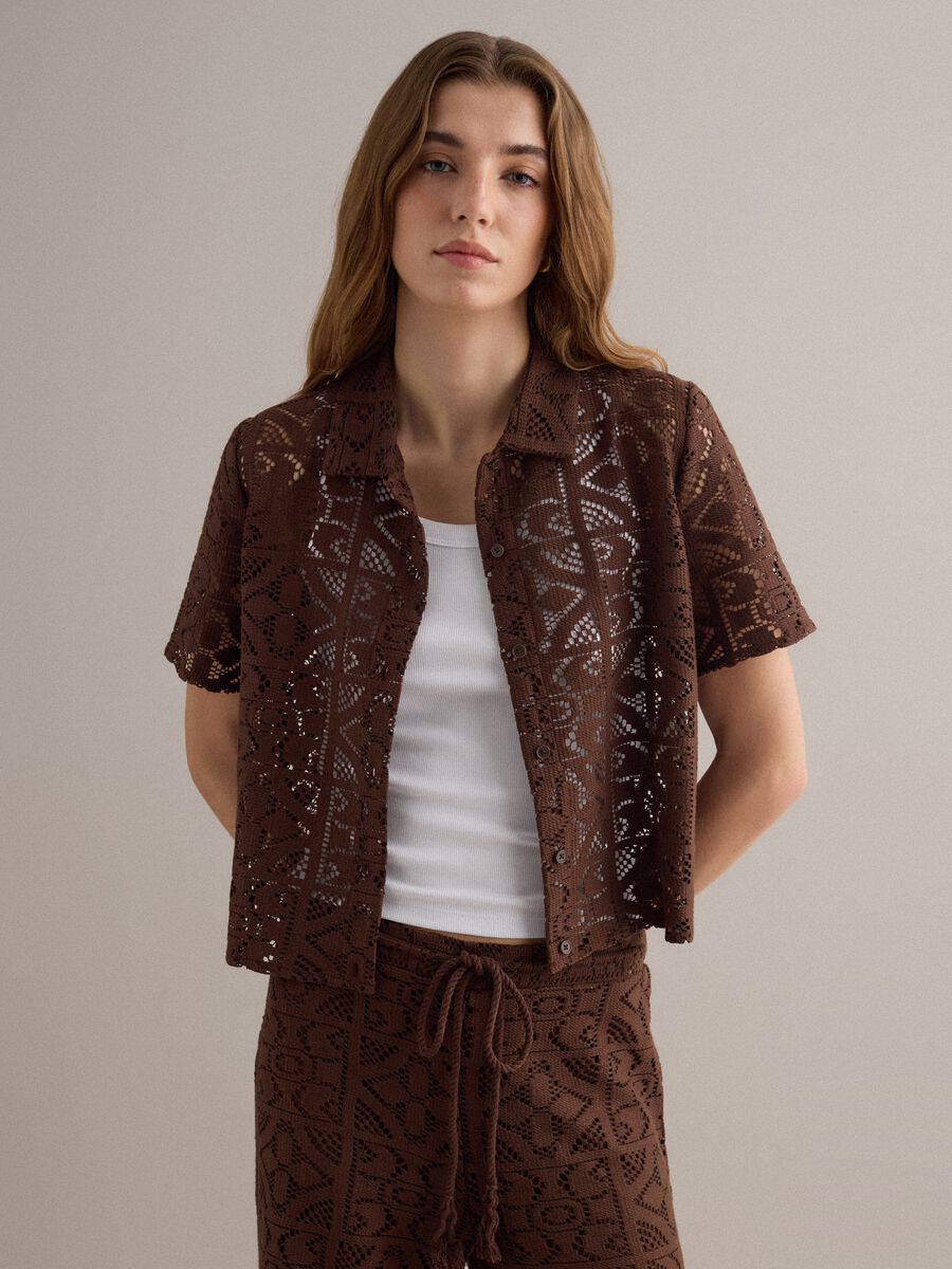Brown open-knit short-sleeve polo shirt, regular fit_0
