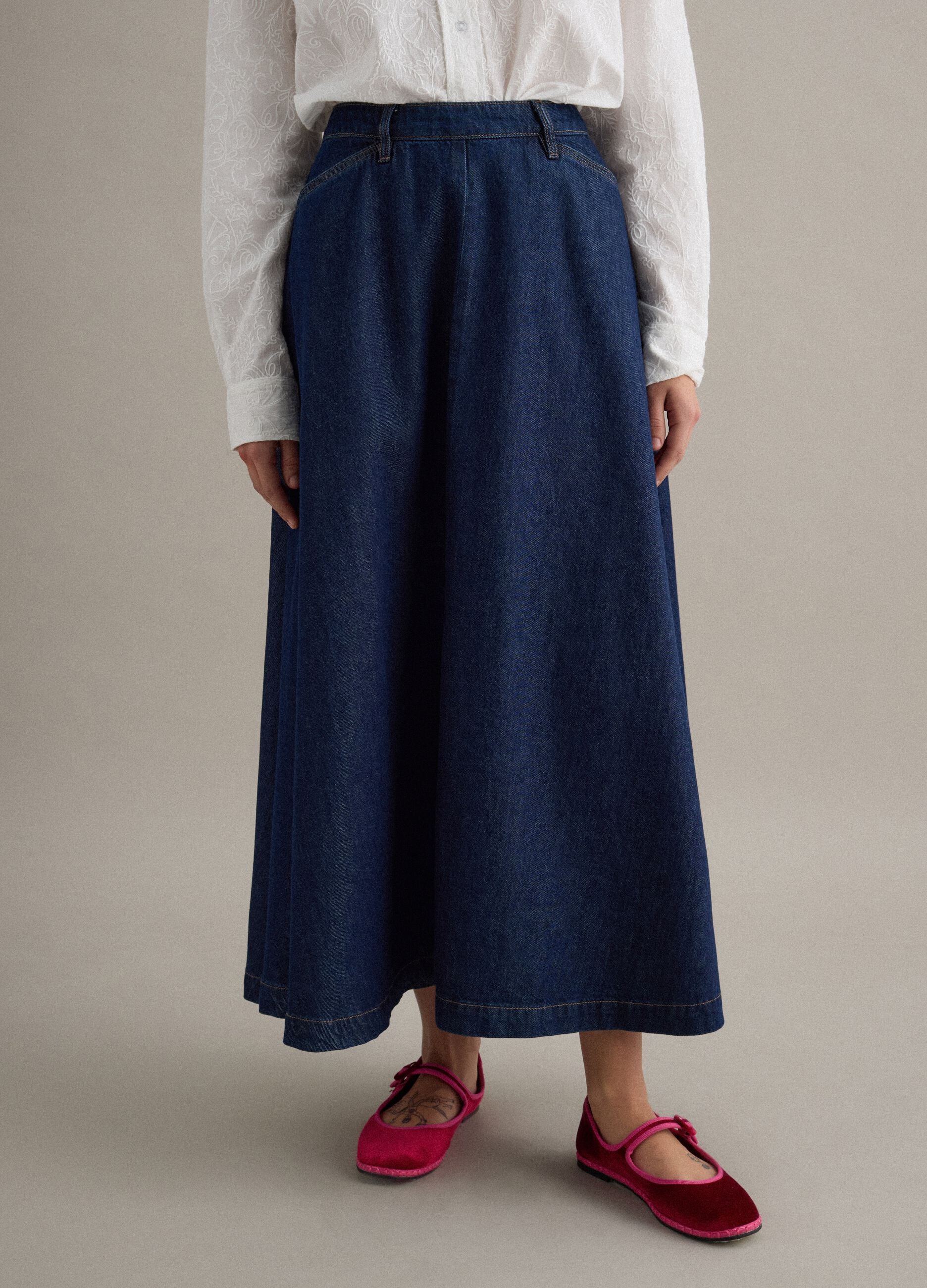 Long blue denim pure cotton skirt regular fit