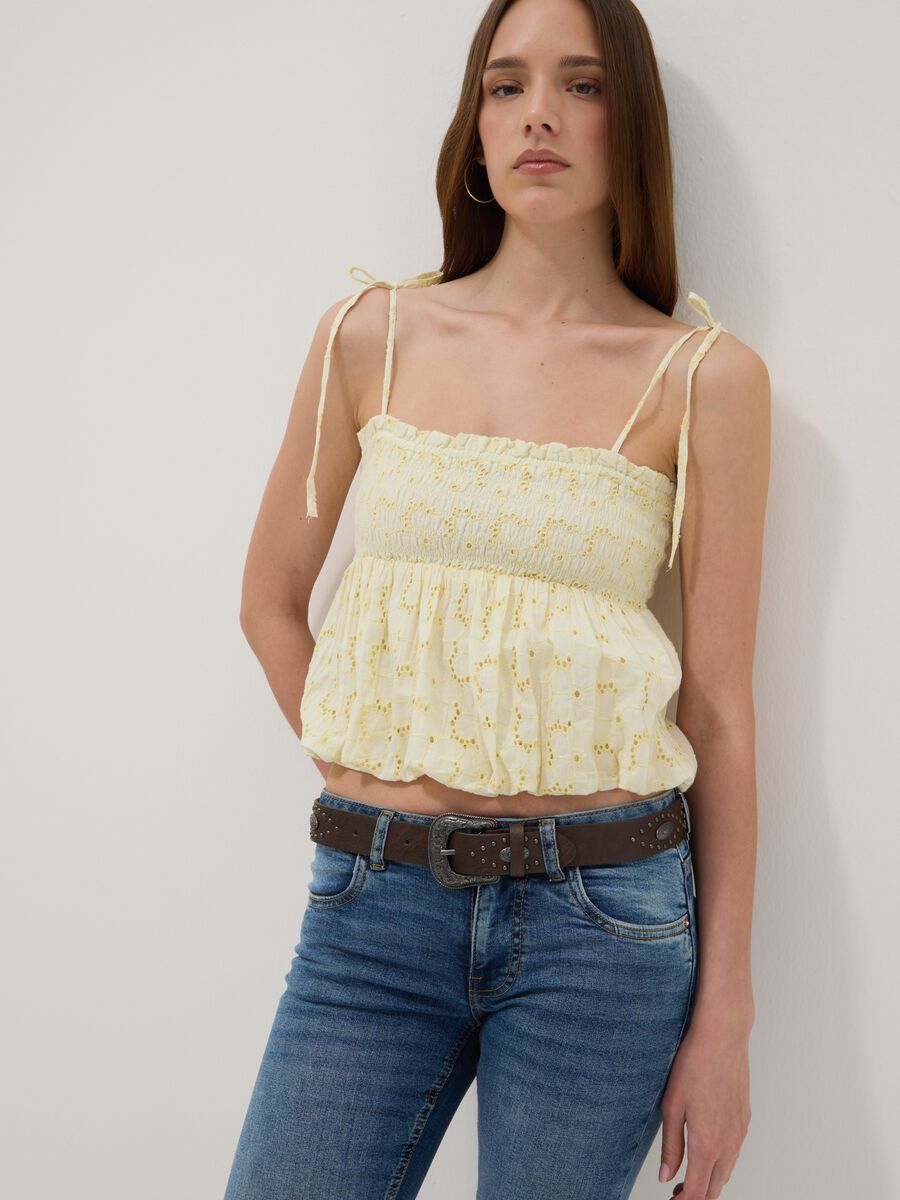 Yellow pure cotton cropped top with thin straps_0