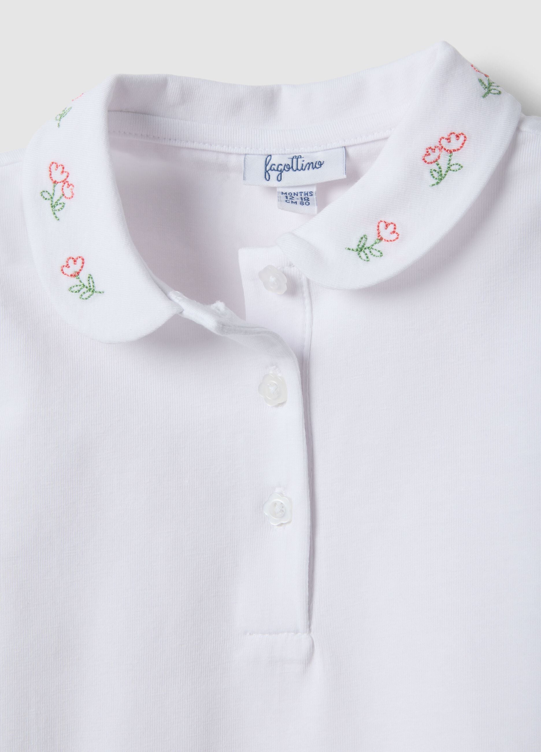 White stretchy cotton girls' polo shirt regular fit with embroidery