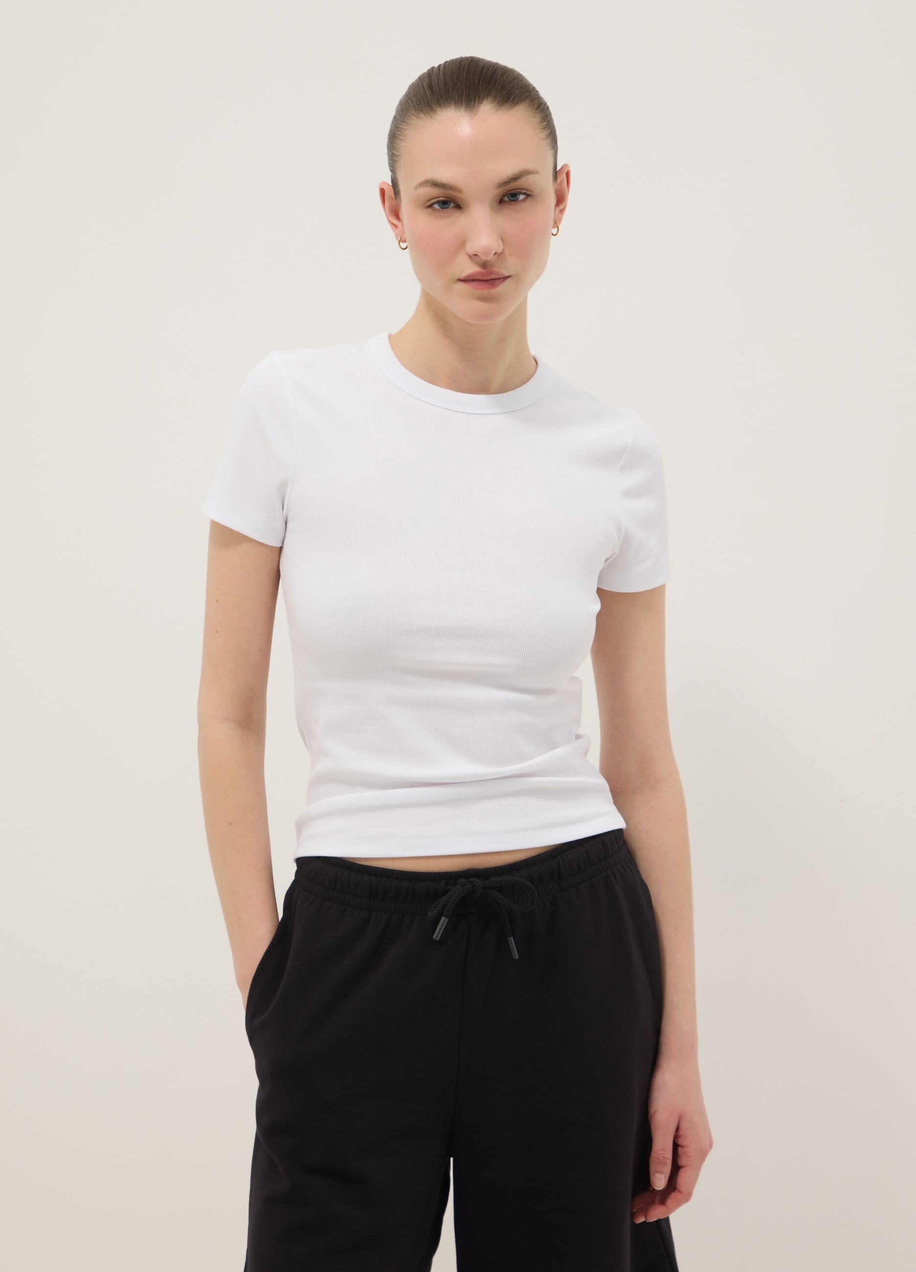 White fitted short-sleeve stretch cotton T-shirt