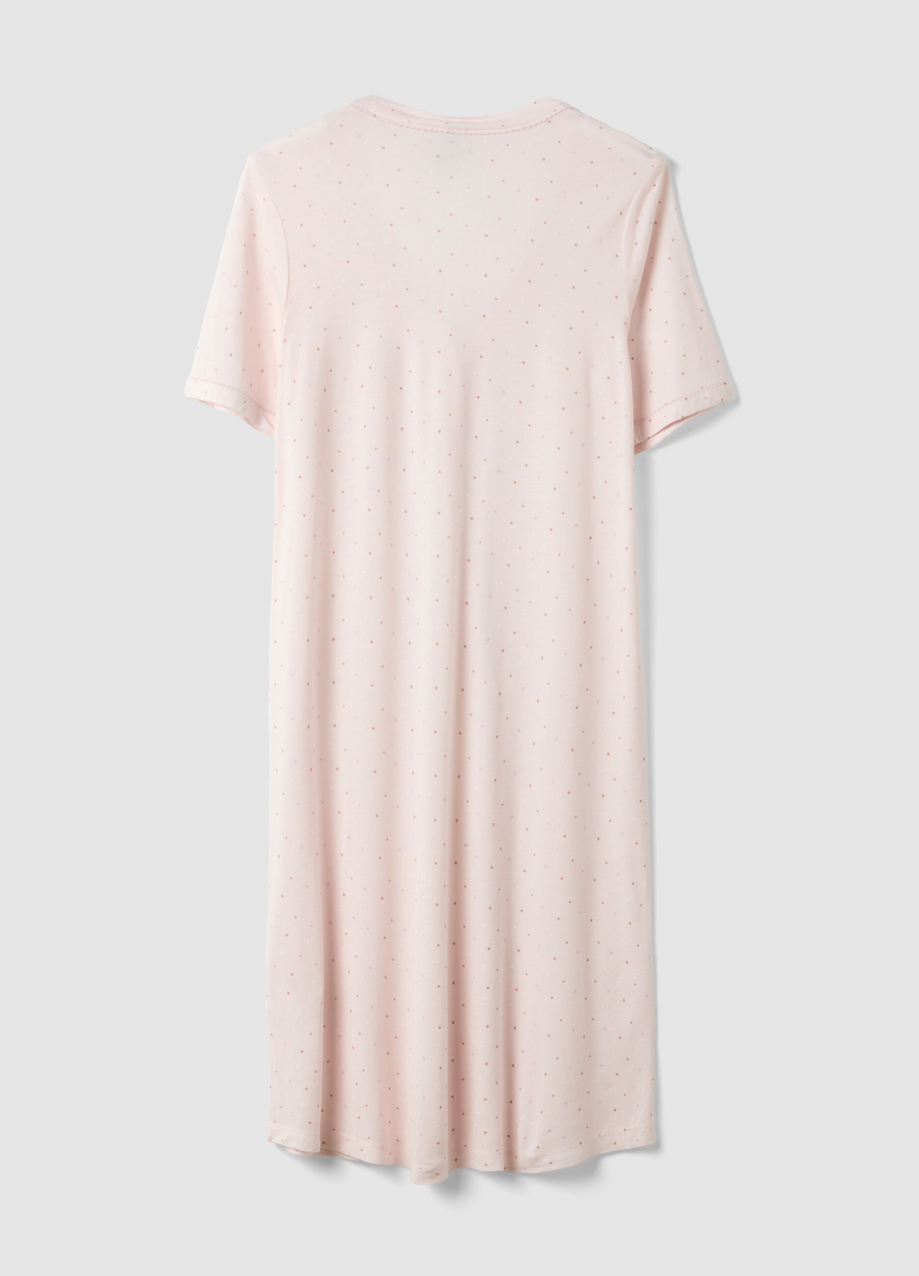 Pink polka-dot pure viscose nightshirt with V-neck