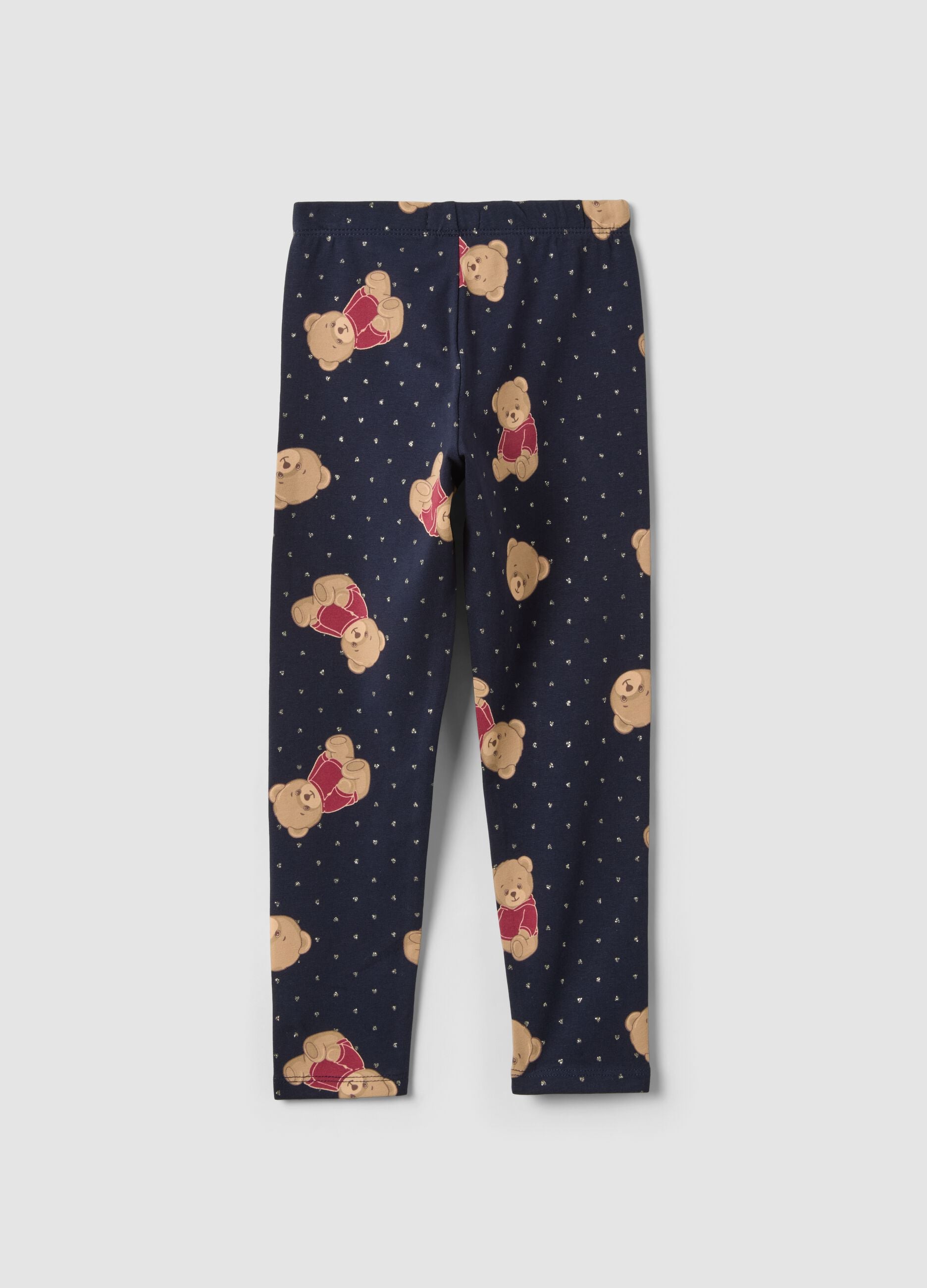 Blue stretch organic cotton leggings with teddy bear print for girls