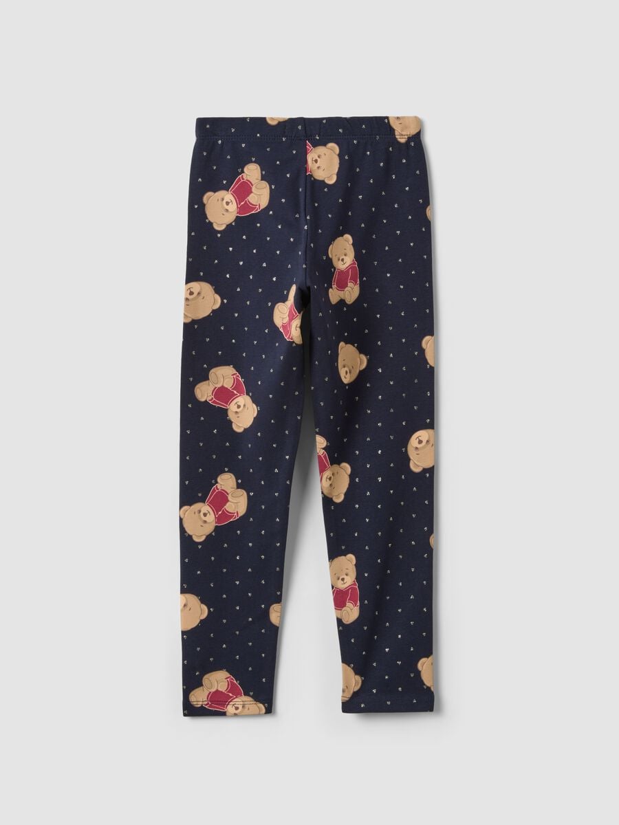 Leggings blu in cotone organico elasticizzato con stampa orsetti per bambina_1