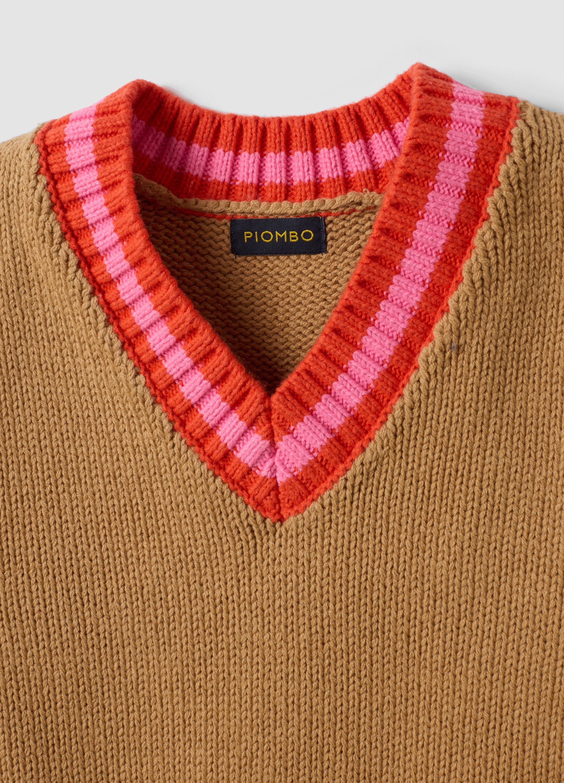 Brown cotton-blend V-neck gilet with contrast trim for girls
