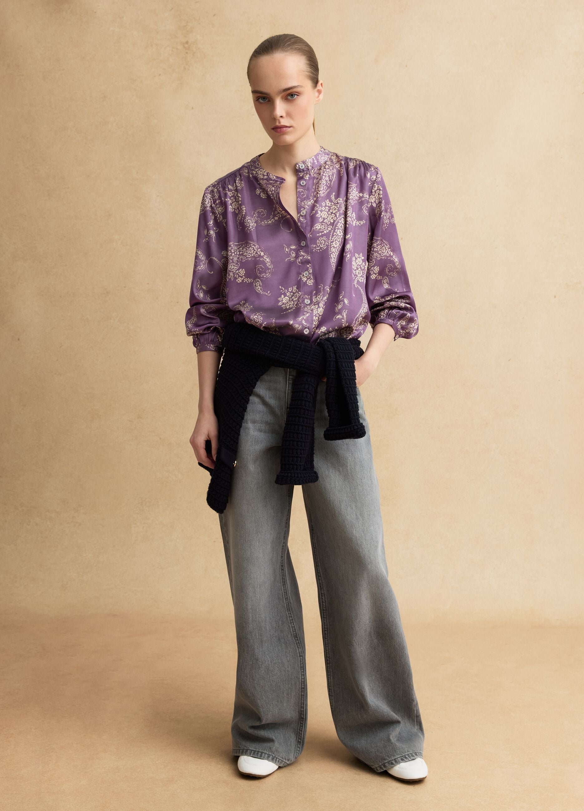 Multicolour viscose blend regular fit shirt with mandarin collar