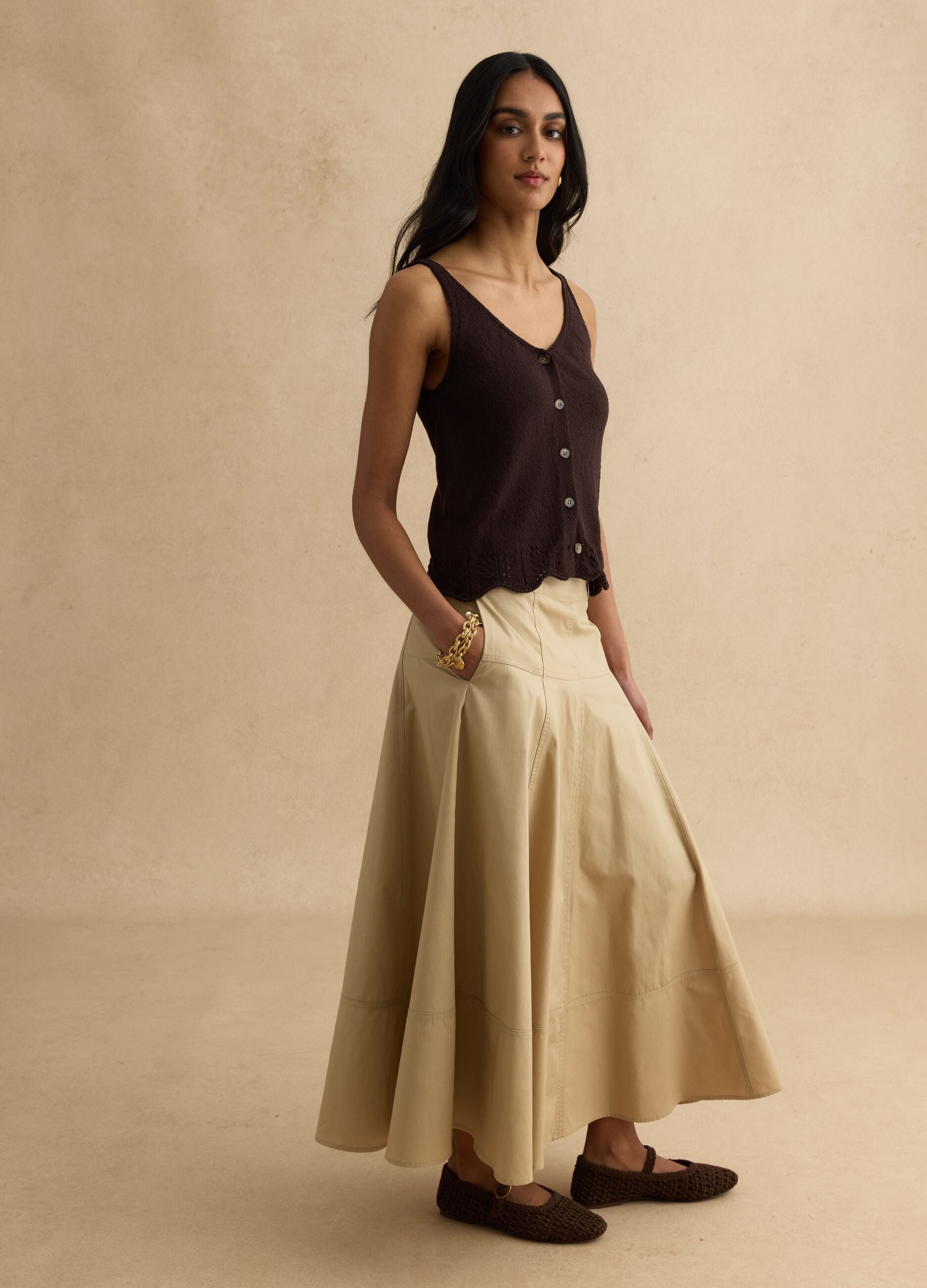 Brown cotton blend regular fit tank top with buttons