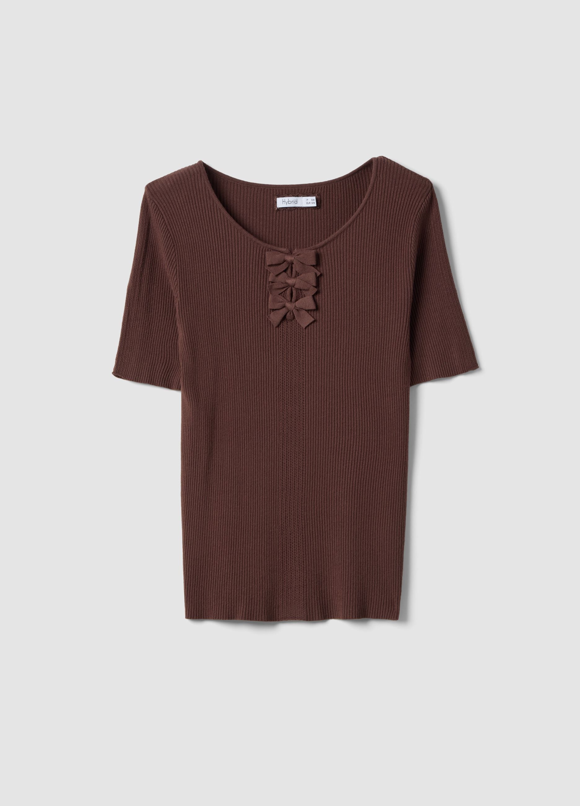 Brown regular fit viscose blend T-shirt with bows