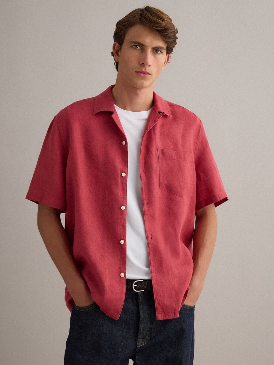 Red shirt with bowling collar in pure linen_0