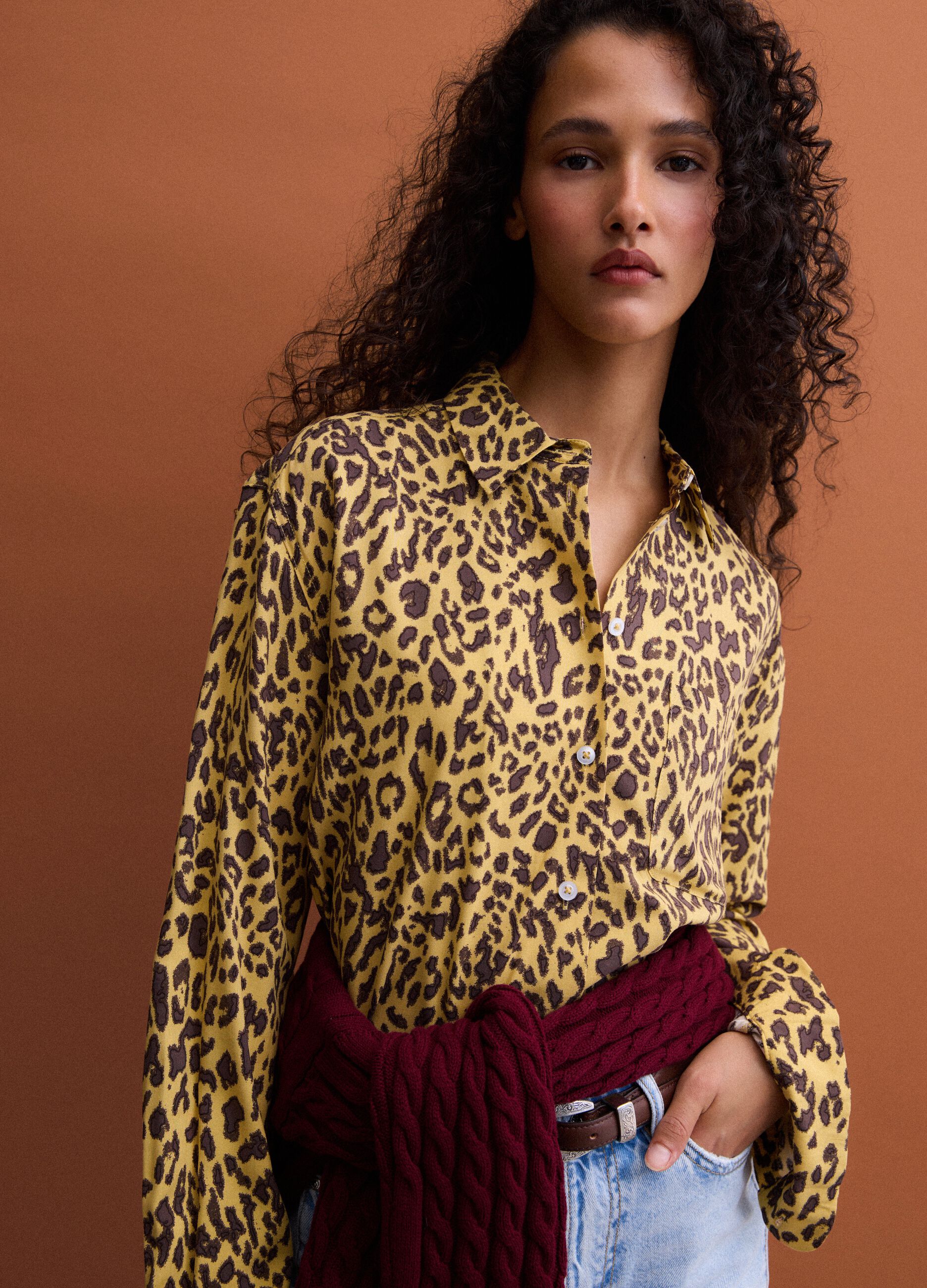 Yellow pure viscose animal-print shirt, regular fit