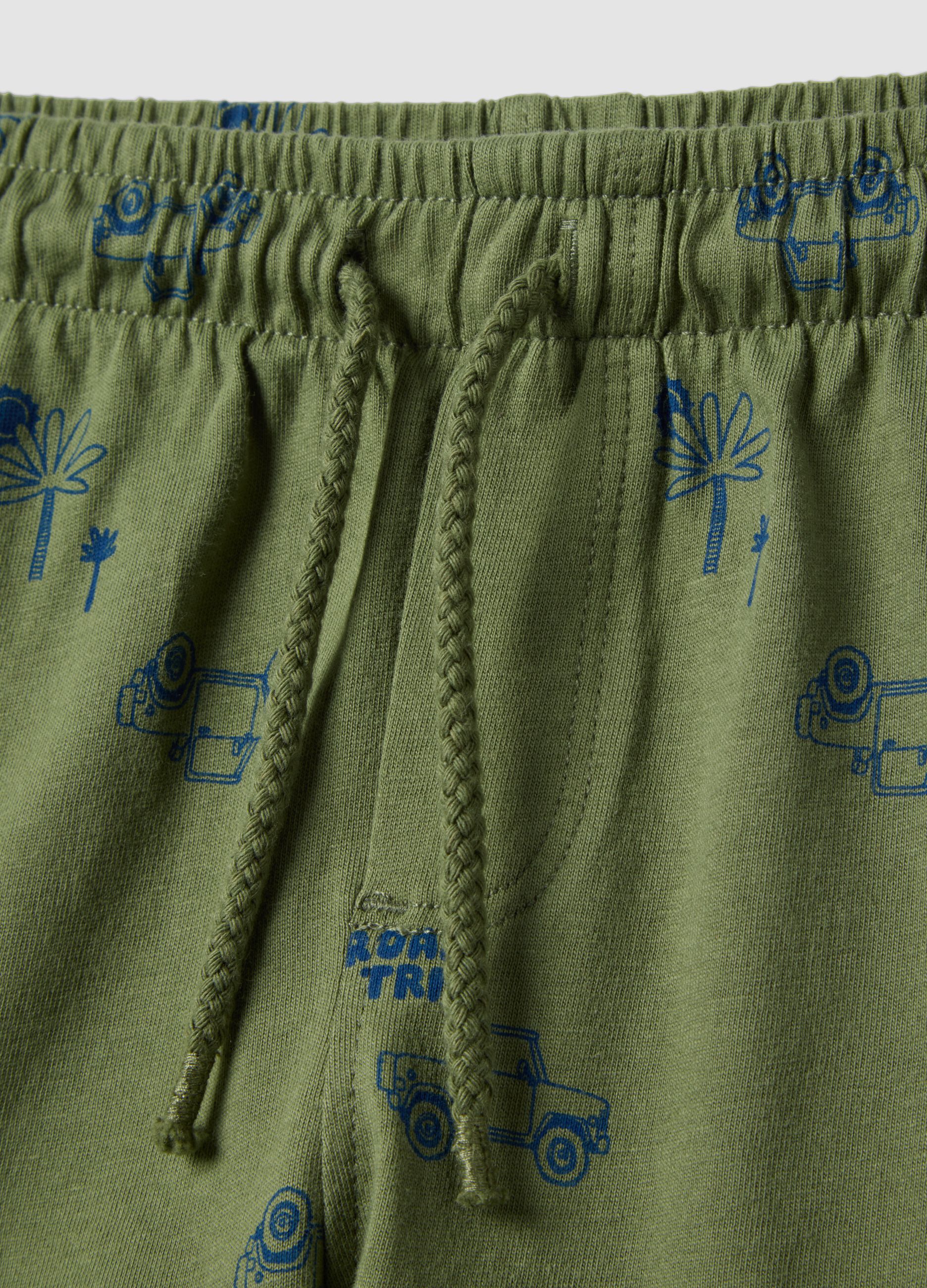 Green pure cotton shorts for children regular fit with prints