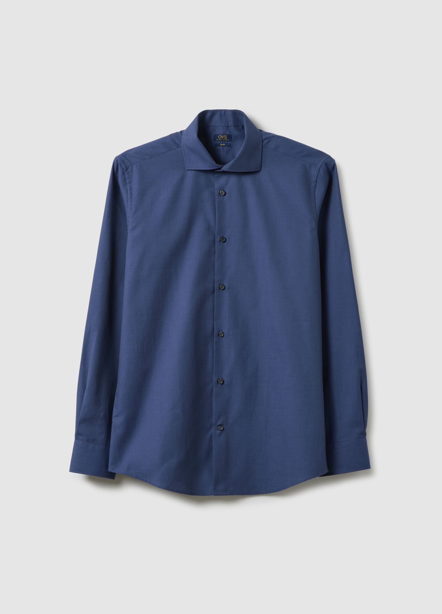 Camicia blu in puro cotone con colletto alla francese easy iron slim fit