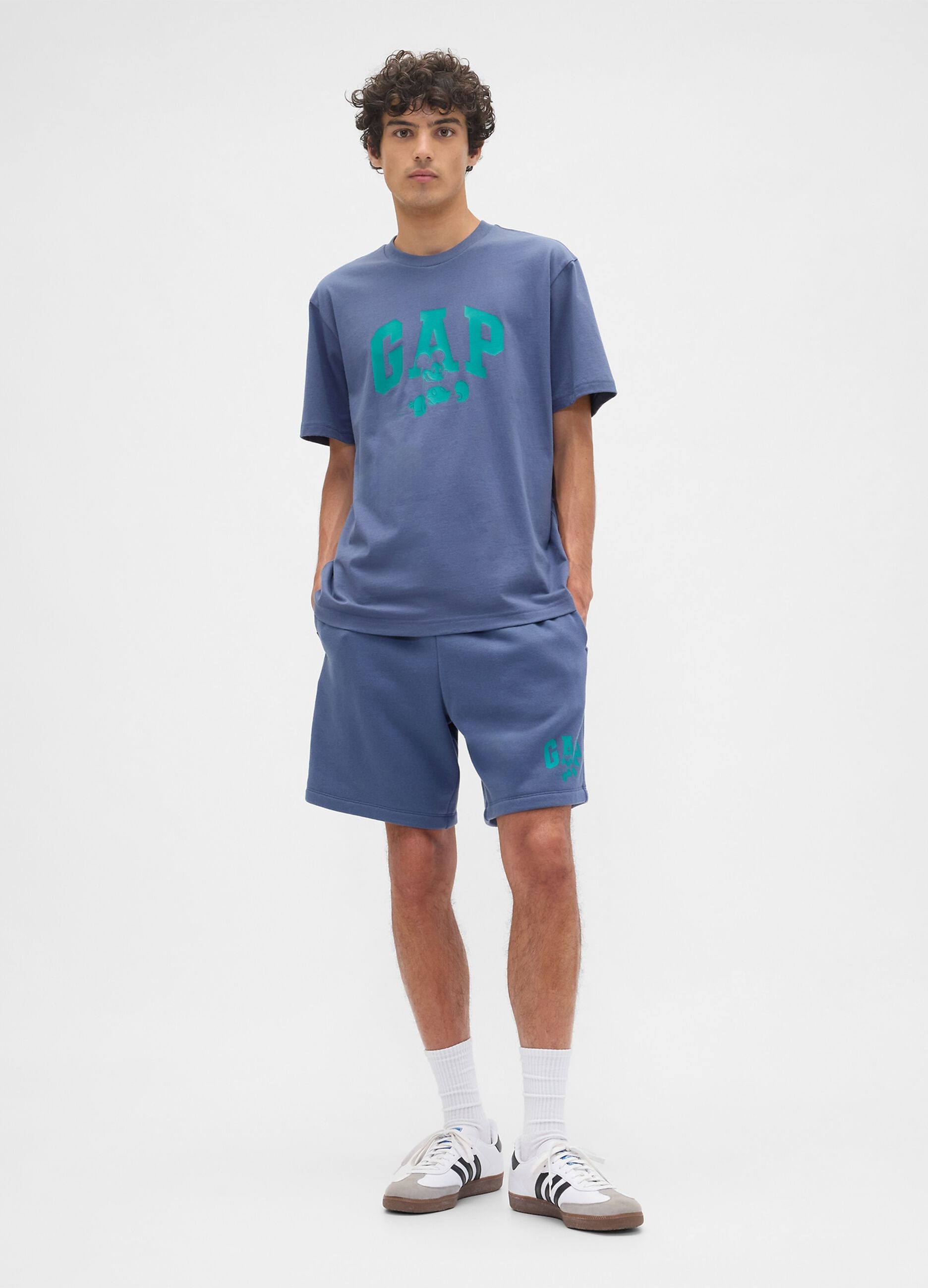 Short-sleeve blue cotton blend t-shirt