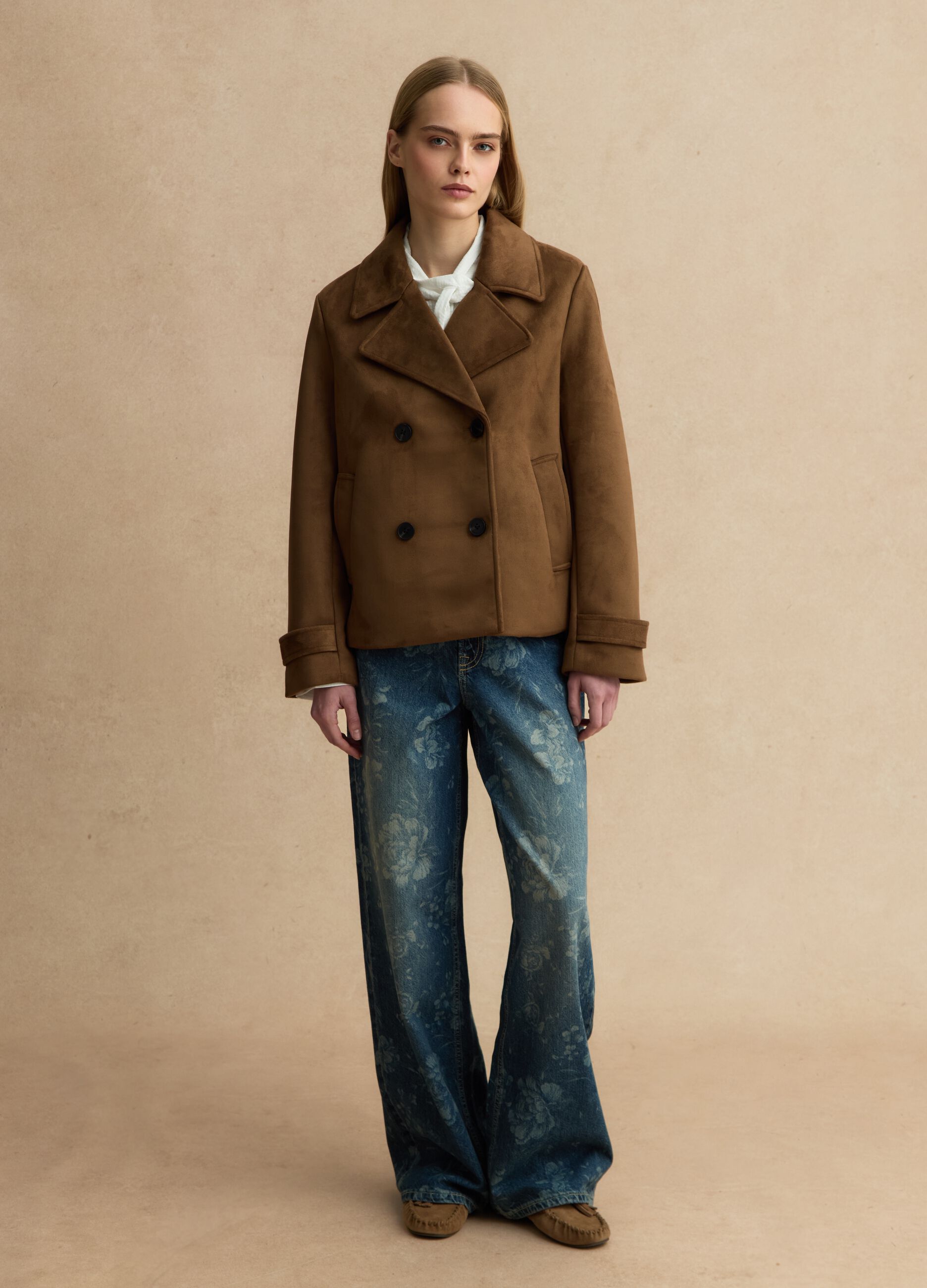 Brown double-breasted regular fit peacoat with pockets