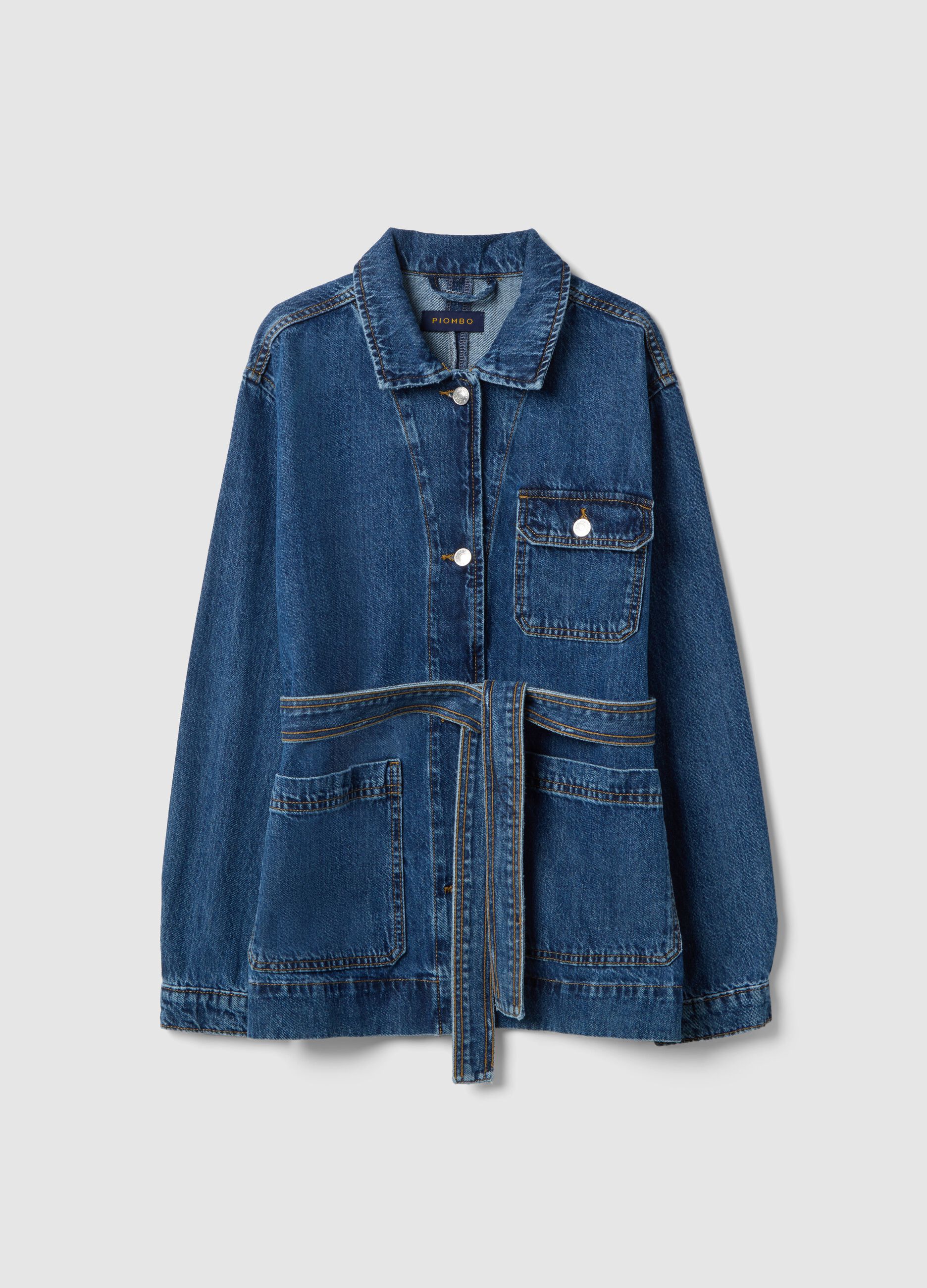 Blue denim jacket, pure cotton, regular fit with belt