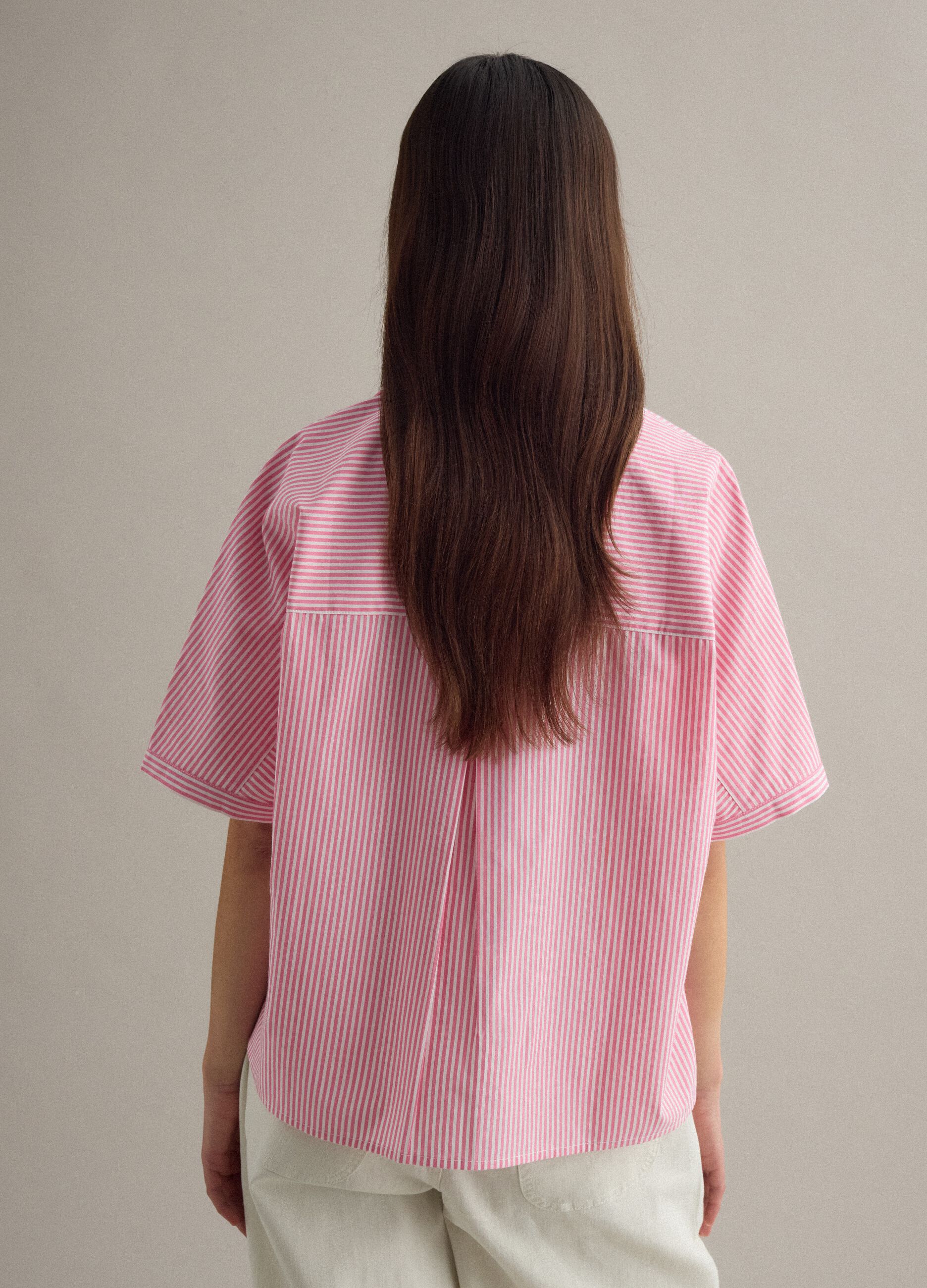 Oversized White and Pink Striped Pure Cotton Shirt
