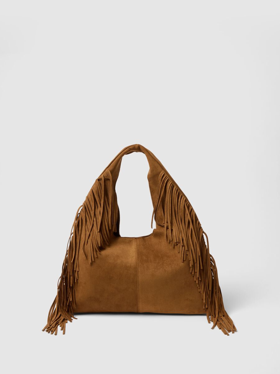 Borsa handbag con frange marrone effetto camoscio_0