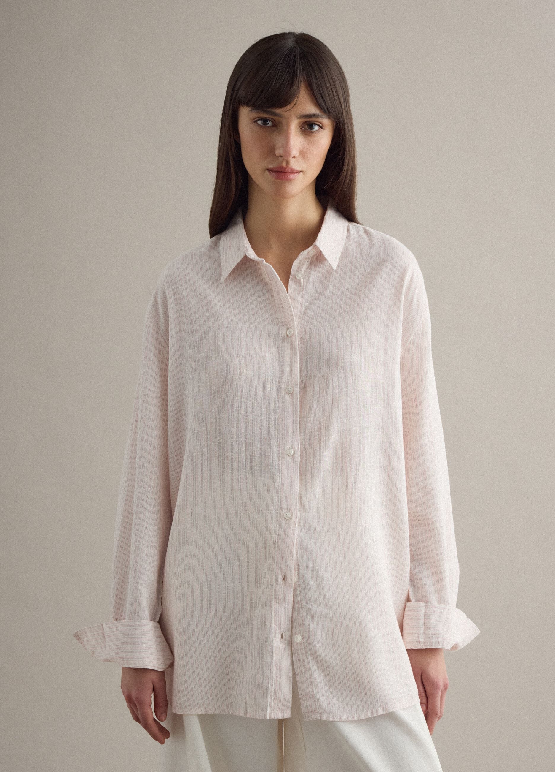 Multicolour striped linen blend regular fit shirt