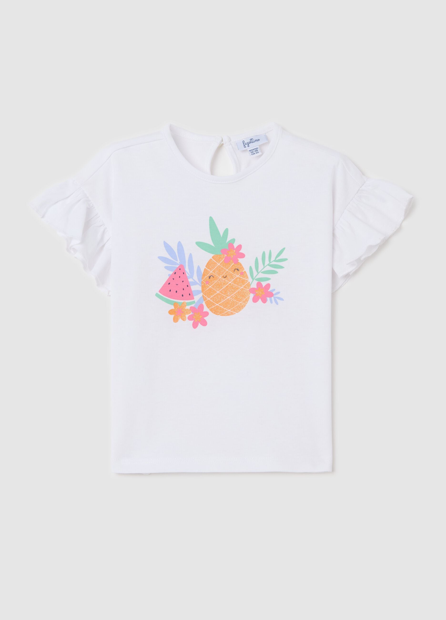 White cotton T-shirt with frills and print