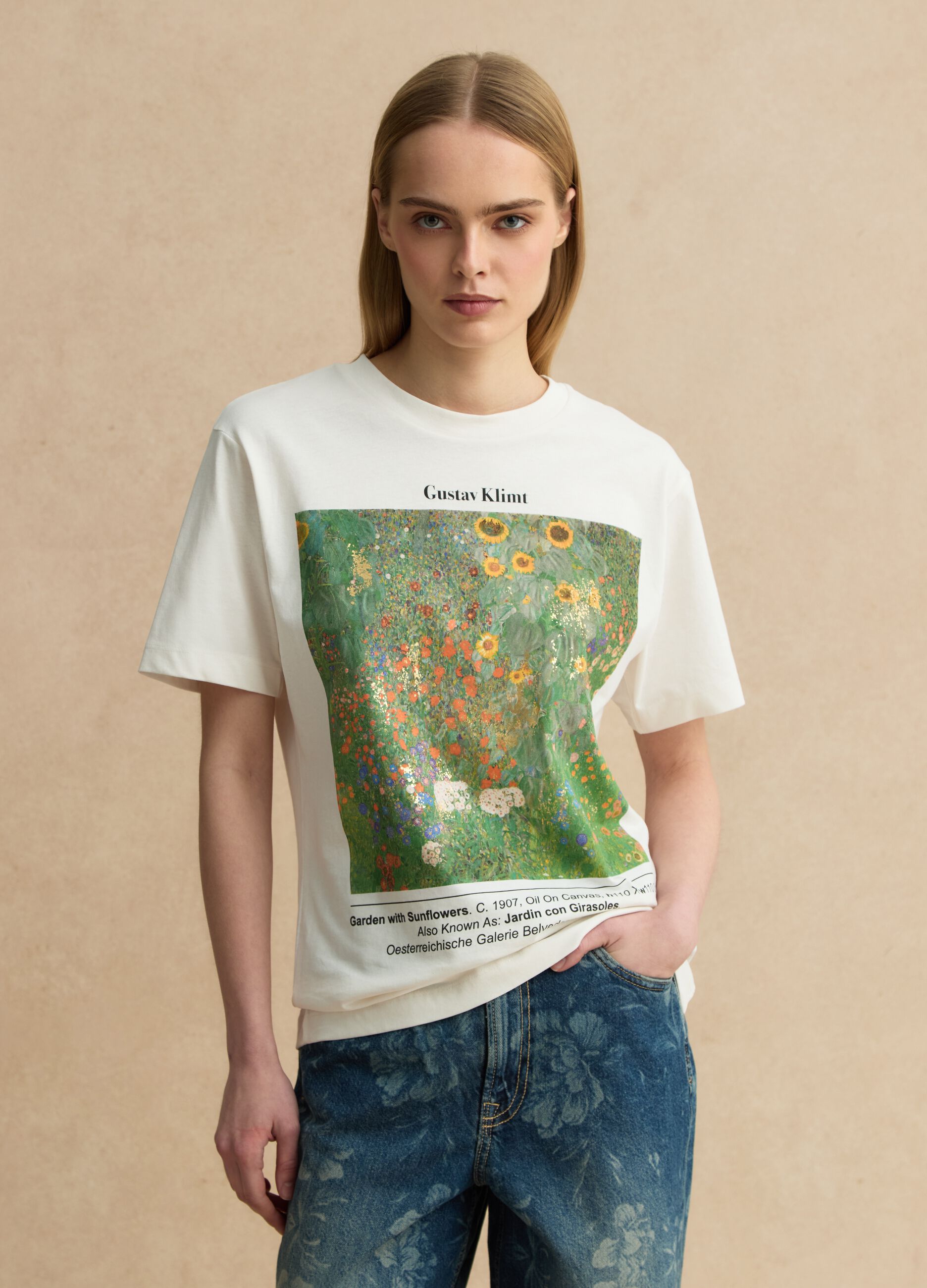 White regular fit pure cotton T-shirt with Klimt print