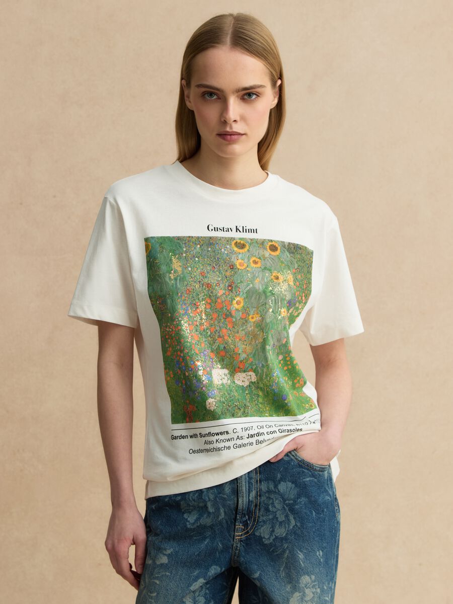 White regular fit pure cotton T-shirt with Klimt print_0