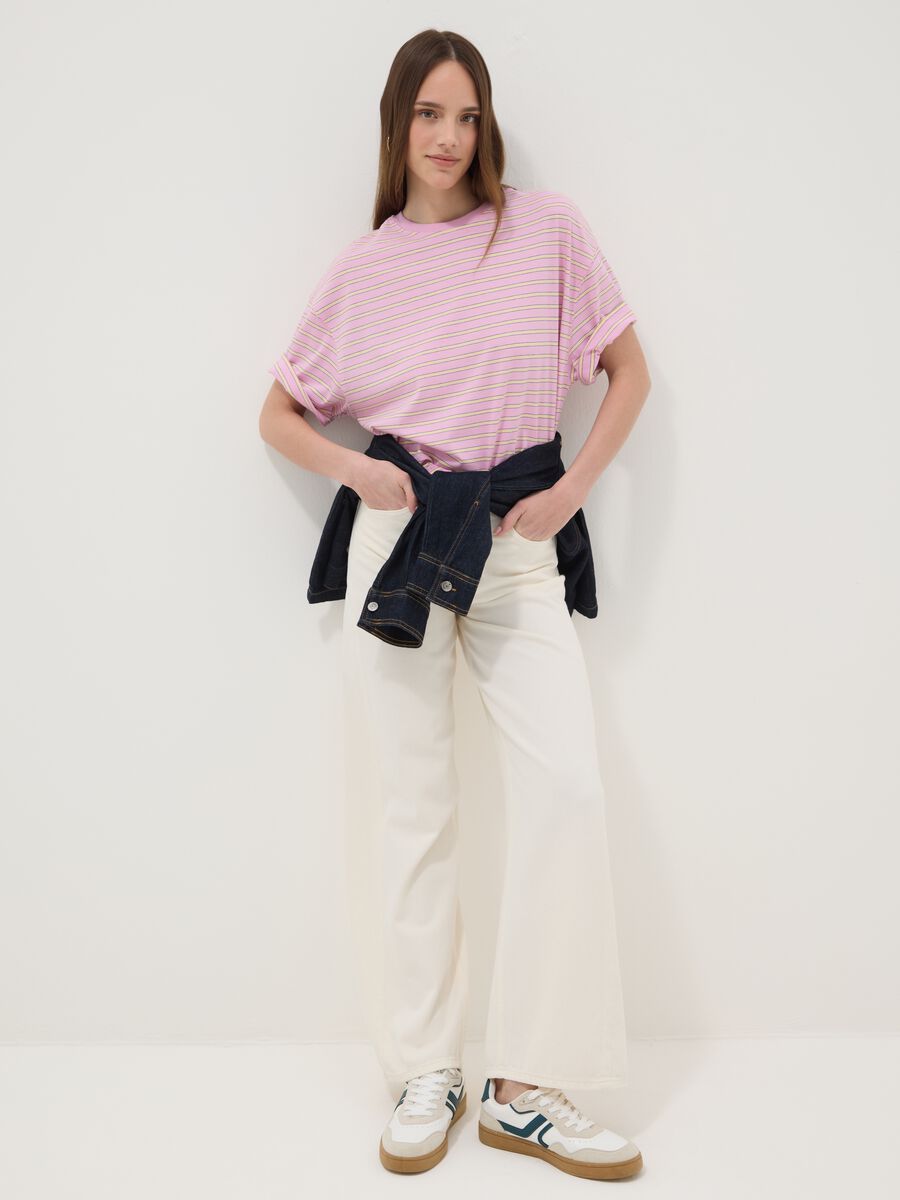 Pink pure cotton T-shirt with yellow stripes, boxy fit_2