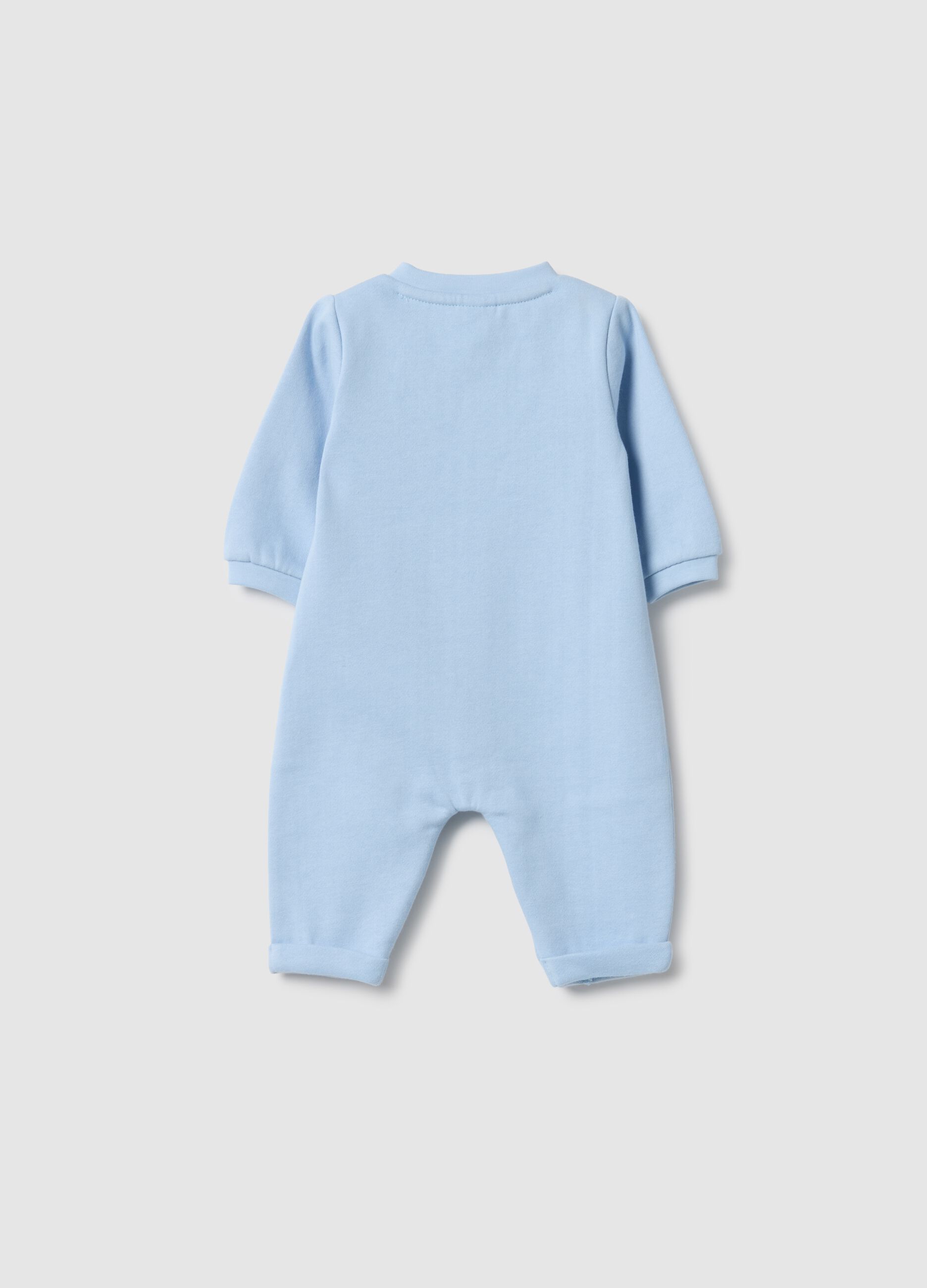 Baby blue romper in pure cotton with appliqu&eacute;s
