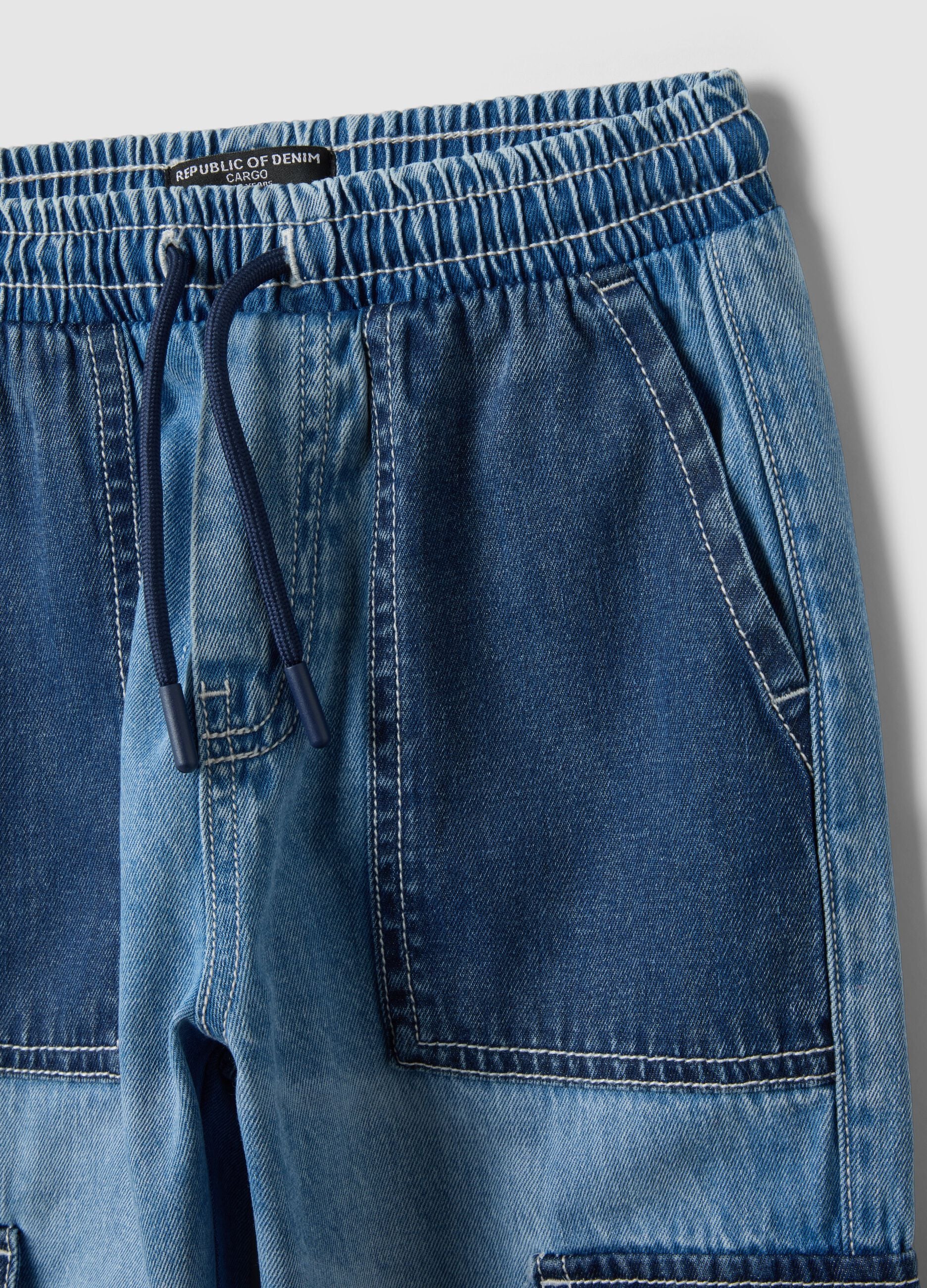 Multicoloured pure cotton denim cargo joggers for children with relaxed fit