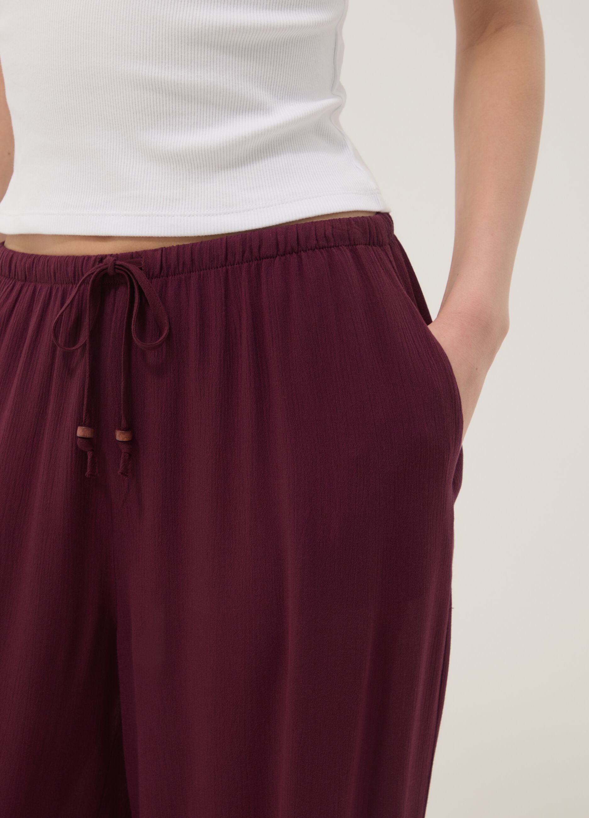 Purple pure viscose trousers with drawstring, relaxed fit