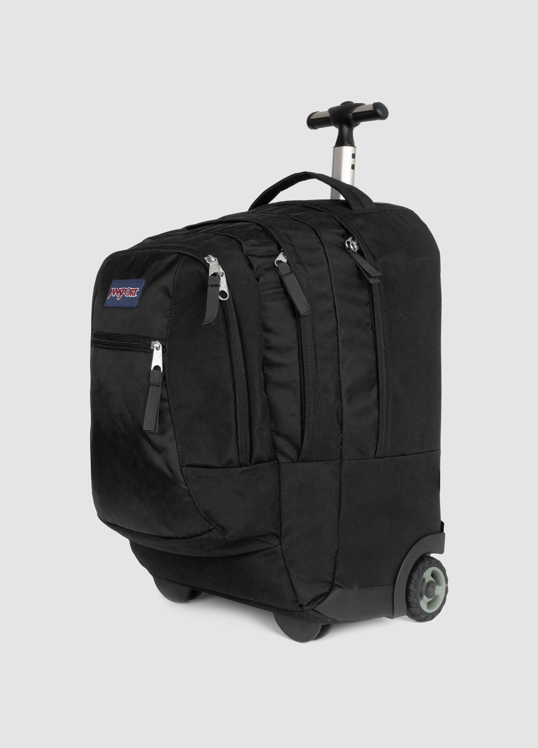 Black wheeled backpack with zip pockets