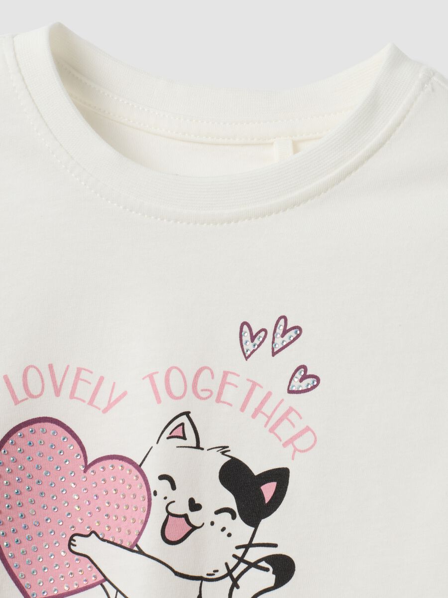 White and pink pure cotton jogging set with kitten print for girls_2