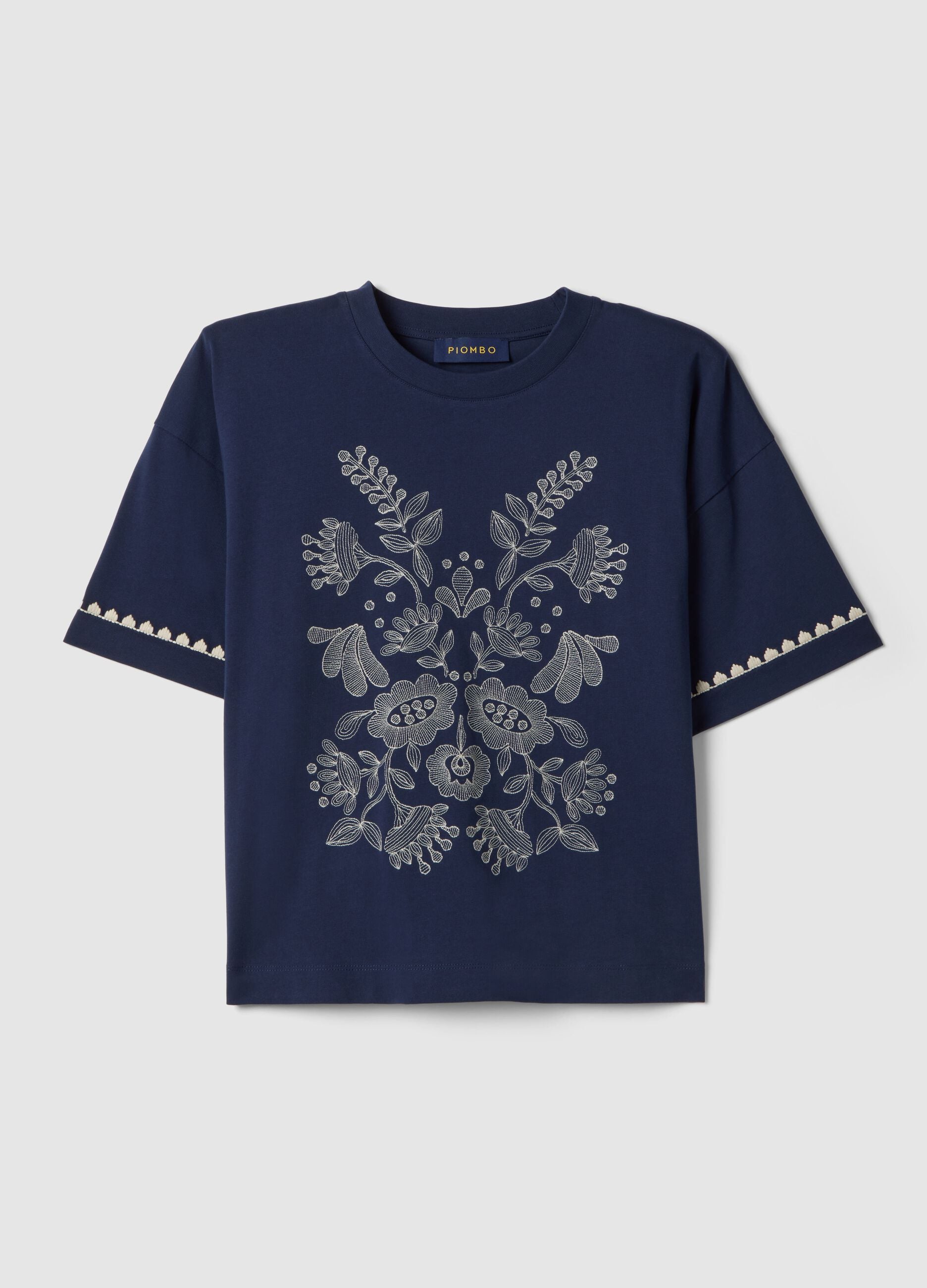 Blue boxy fit pure cotton T-shirt with embroidery