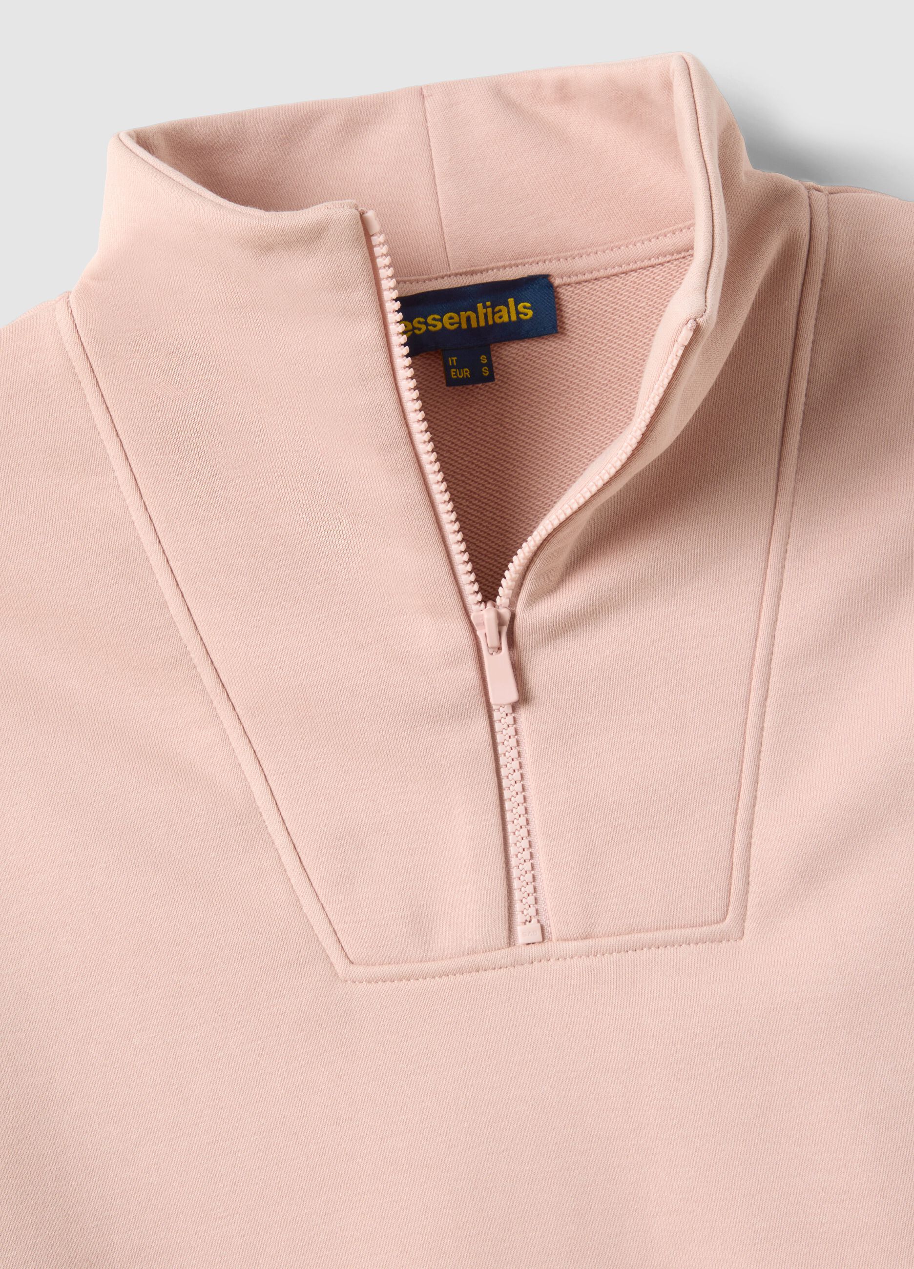 Regular fit pink cotton blend sweatshirt with half zip and high collar